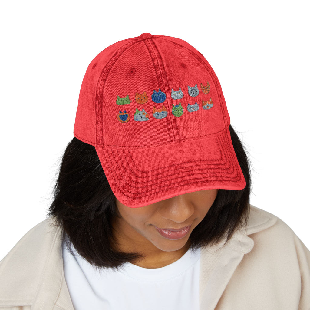 Vintage Embroidered Cat Icons Cap — Retro Washed Baseball Hat