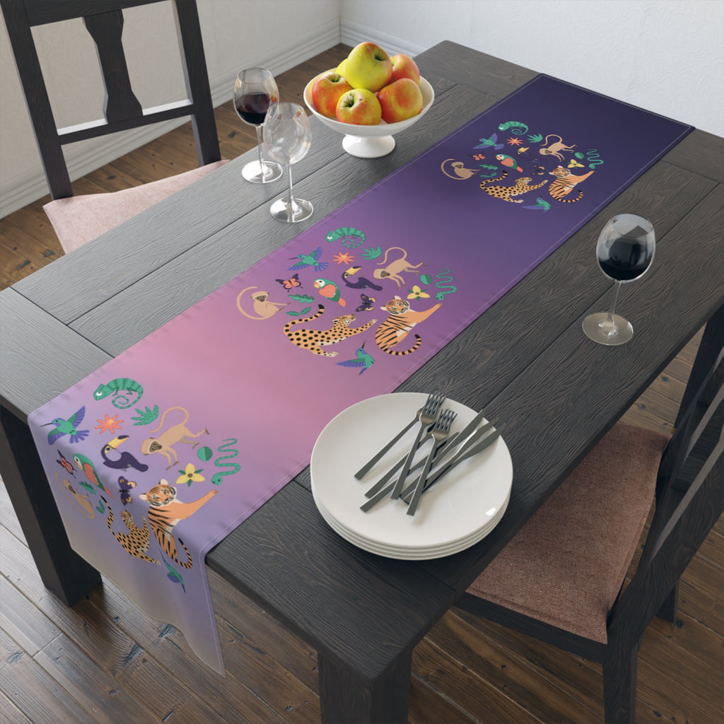 Tropical Jungle Table Runner — Gradient Purple with Tigers & Parrots