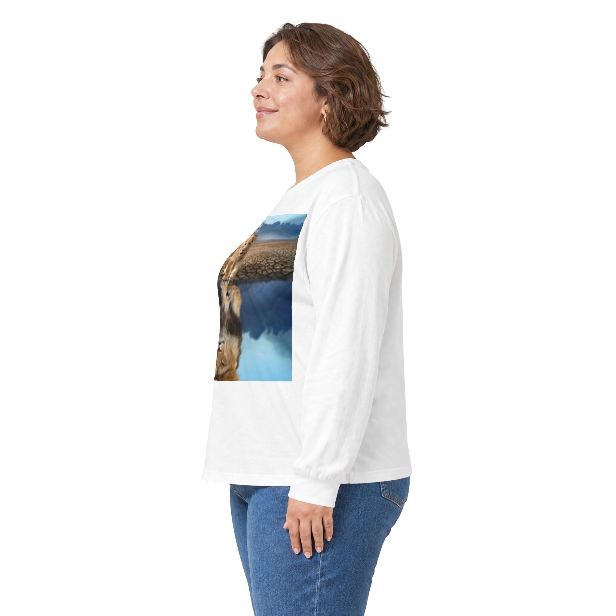 Long Sleeve T-shirt — Reflective Lion & Mountain River Nature Shirt