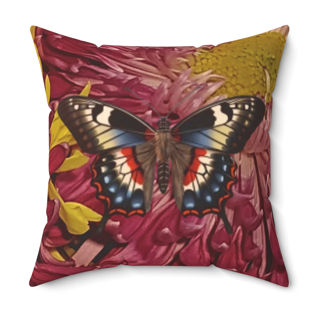 Mary Jordan & Butterfly Floral Throw Pillow — Custom Portrait on Burgundy Chrysanthemum