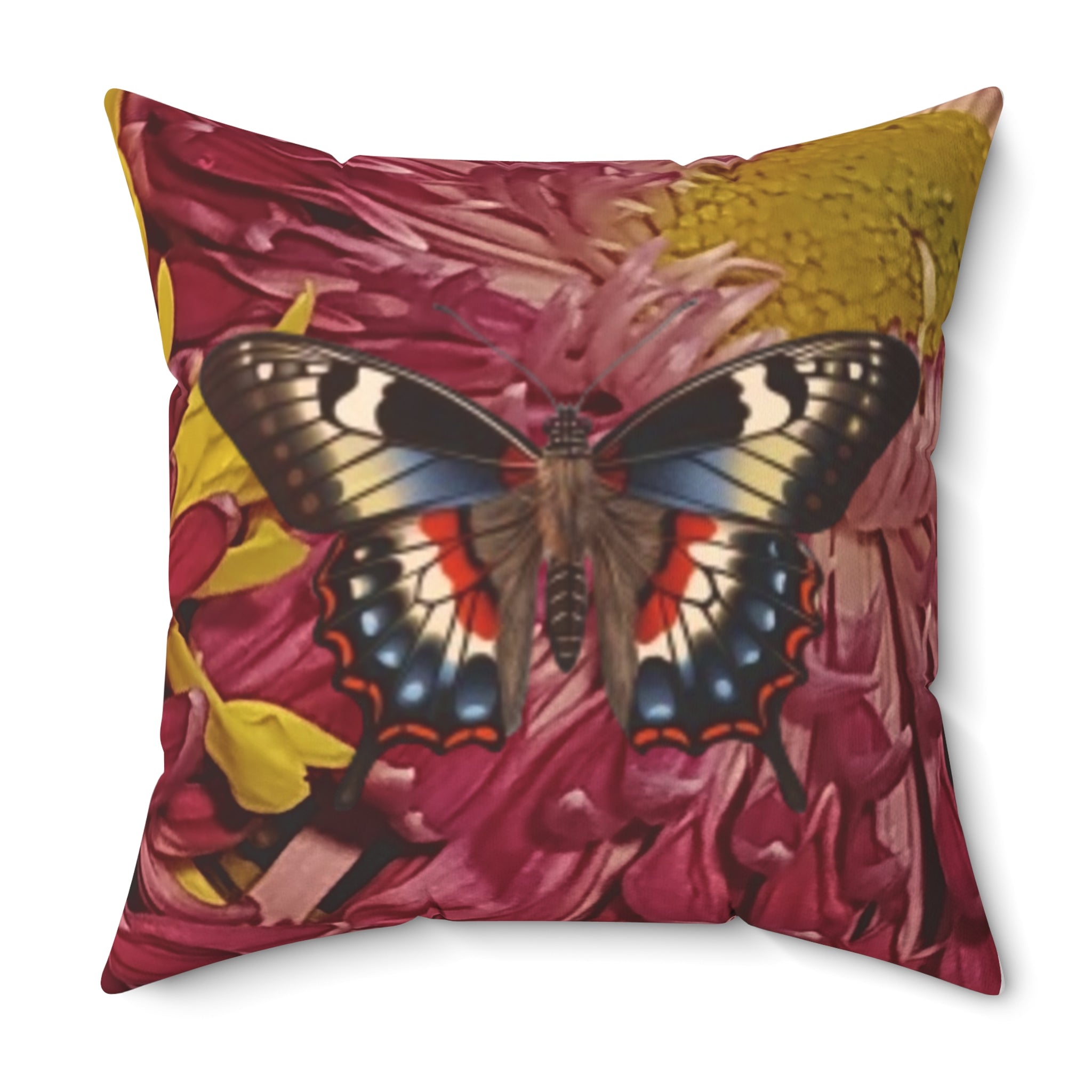 Mary Jordan & Butterfly Floral Throw Pillow — Custom Portrait on Burgundy Chrysanthemum