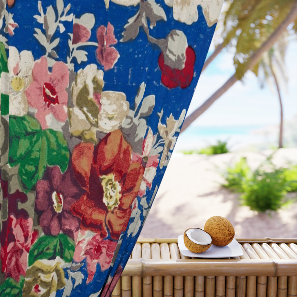 Floral Vintage Blue Curtain Panel — Bold Rose Print Window Drapery