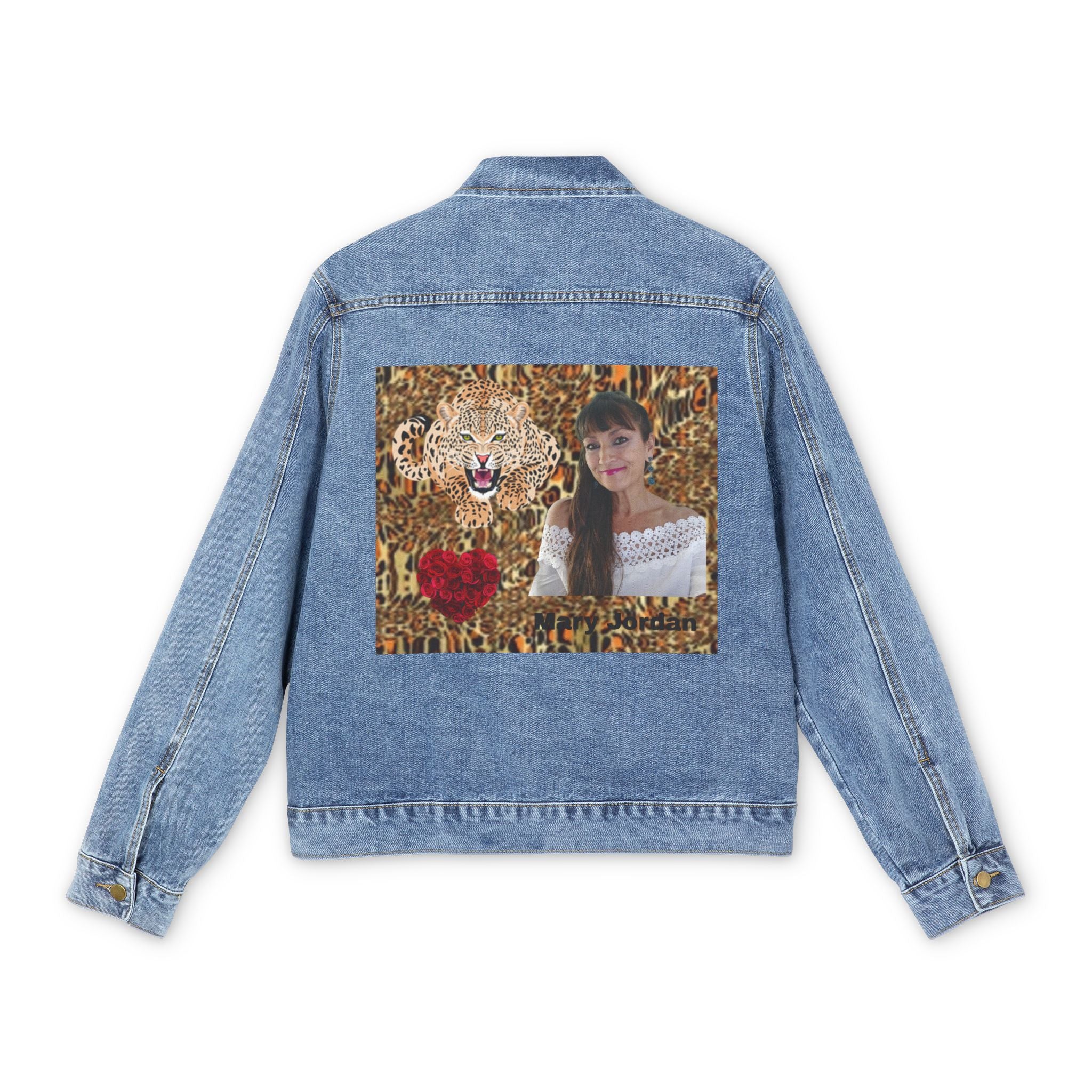 Mary Jordan Denim Jacket with Leopard Print Back Patch — Bold Safari Graphic Men’s Jacket