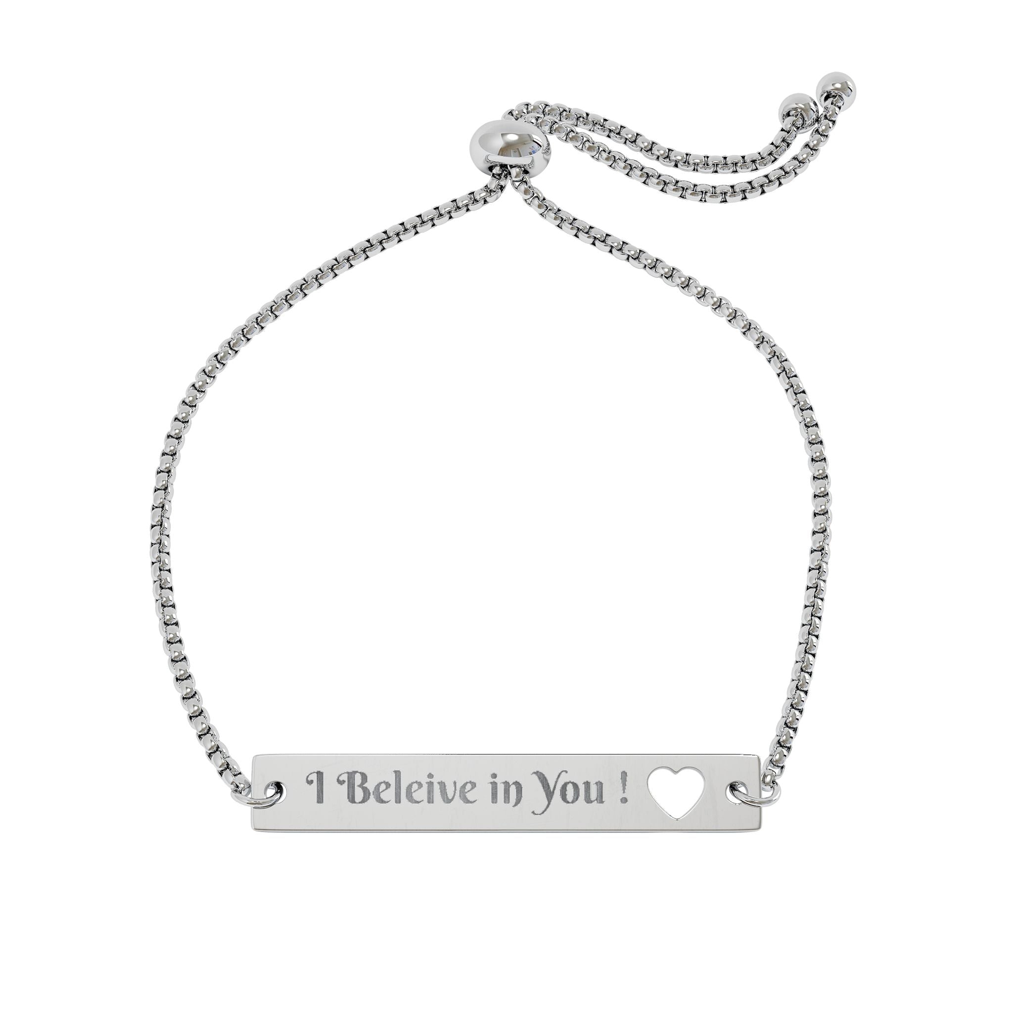 I Believe in You Adjustable Flat Cutout Heart Bar Bracelet (Engraving)