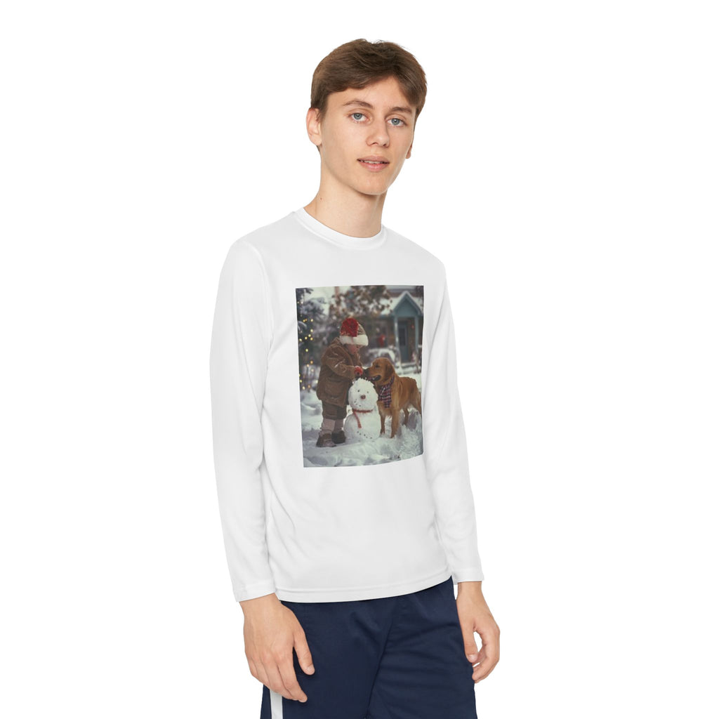 Youth Long Sleeve Tee — Christmas~Vintage Snow Day Kids Shirt with Snowman and Dog