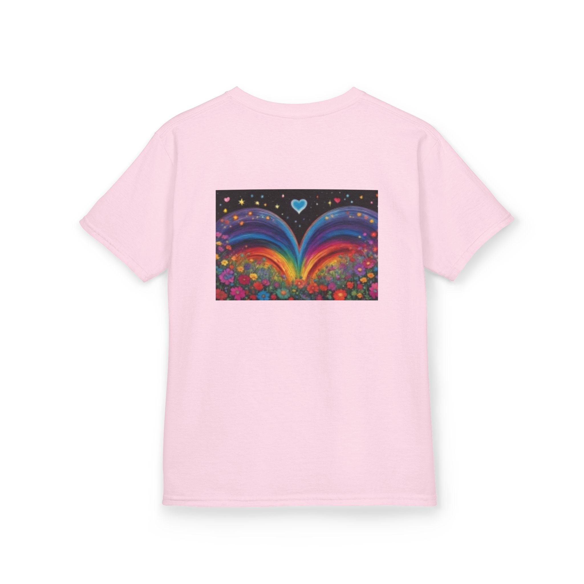 Kids T-shirt— Cute Tiger Cub Photo Front & Rainbow Heart Back Graphic