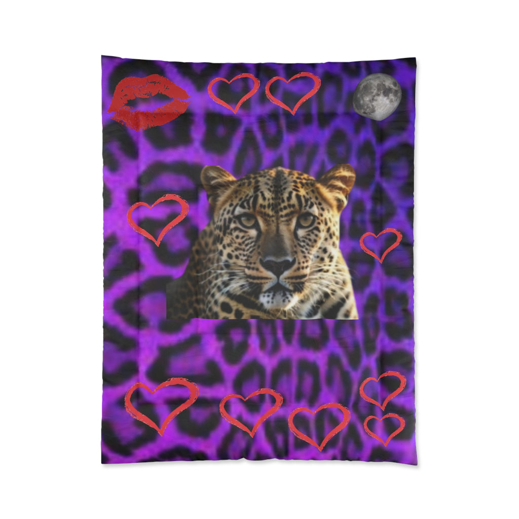 Leopard Heart Comforter - Purple Leopard Print with Big Cat Face & Hearts