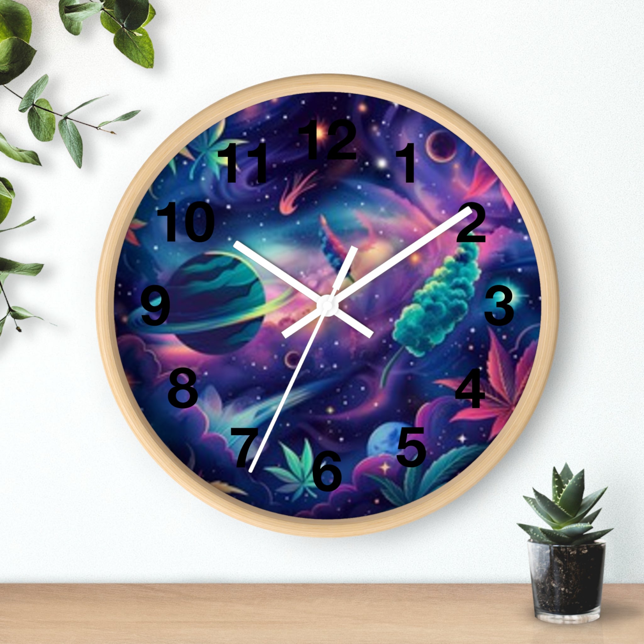 Cosmic Cannabis Wall Clock — Psychedelic Space Marijuana Art Clock