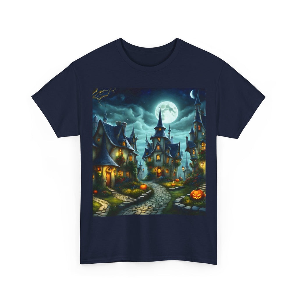 Halloween Village T-Shirt — Spooky Moonlit Haunted House Tee