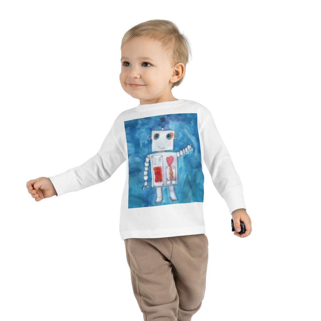 Toddler Long Sleeve Tee — Playful Robot & Colorful Sunrise Graphic Shirt