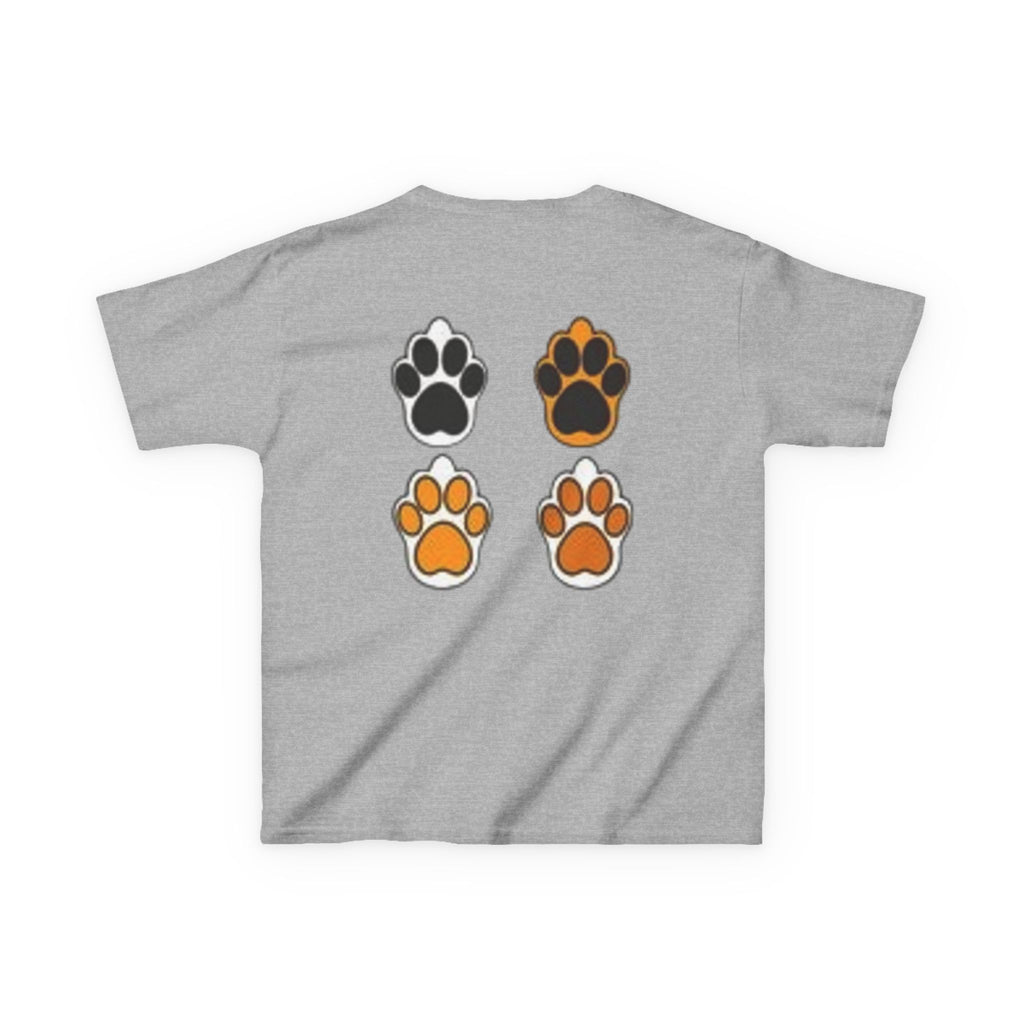 Kids Cat Paw T-Shirt — Cute Kitten Row Front & Paw Prints Back
