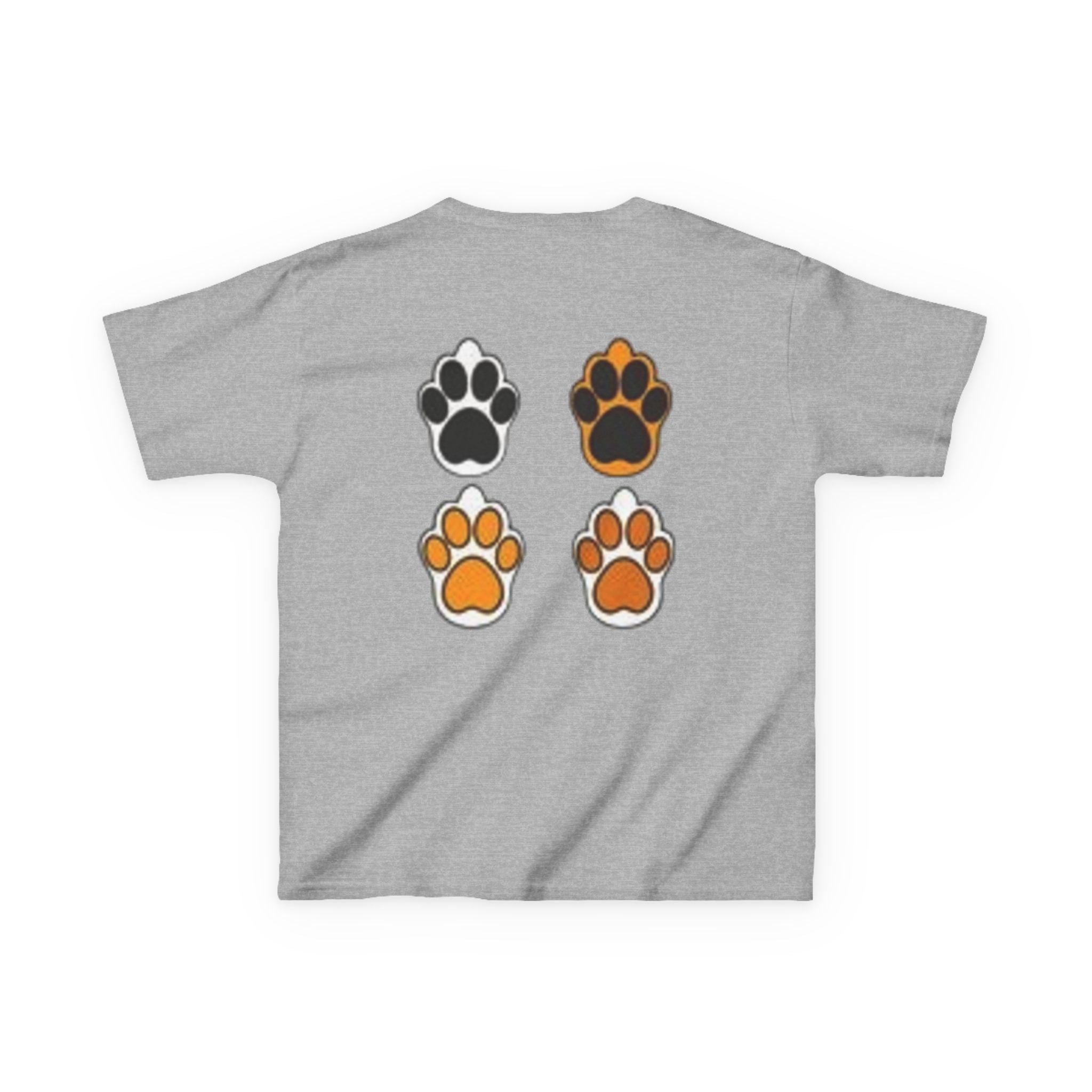 Kids Cat Paw T-Shirt — Cute Kitten Row Front & Paw Prints Back