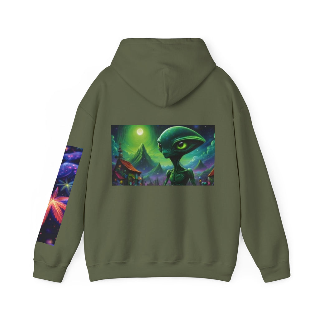 Alien Landscape Hoodie — Cosmic Moonscape & Green Alien Graphic Sweatshirt