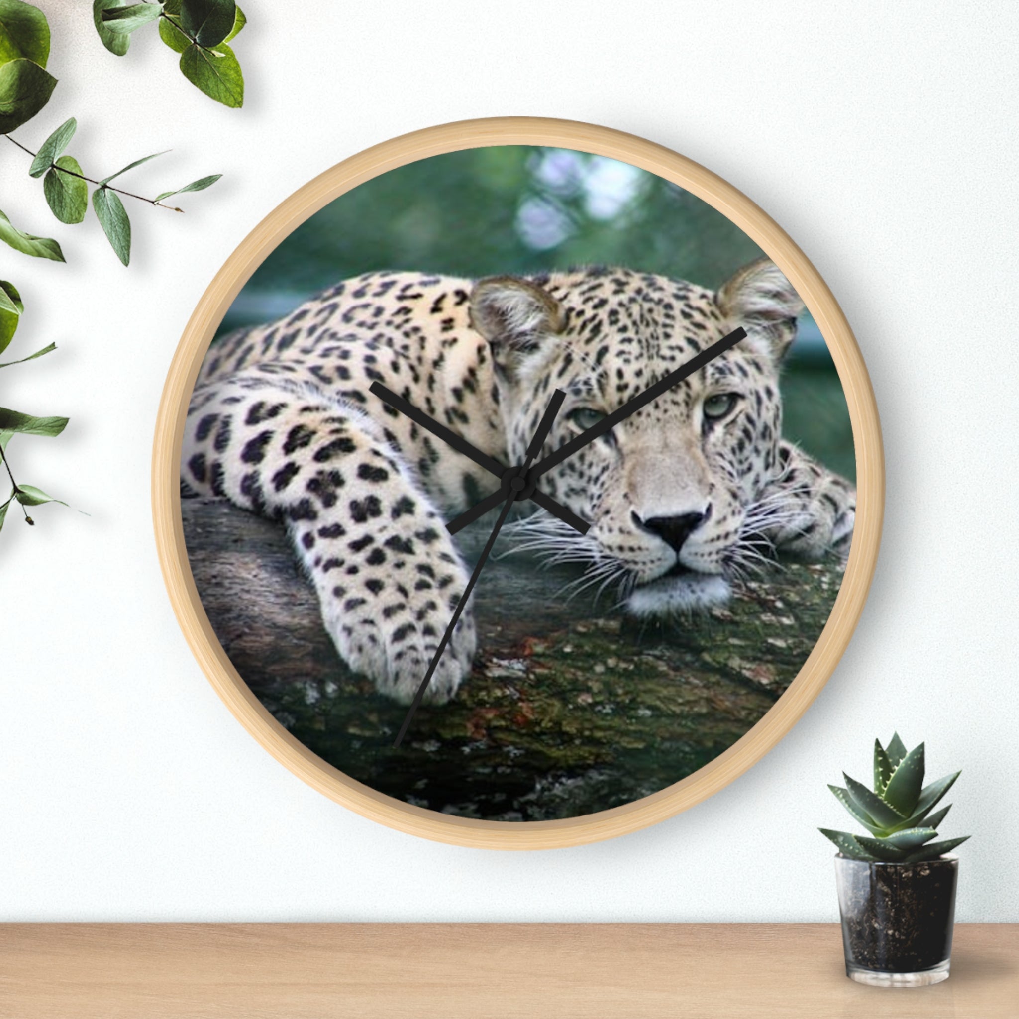 Leopard Wall Clock — Relaxed Wild Cat Photo Clock for Safari-Lodge Decor