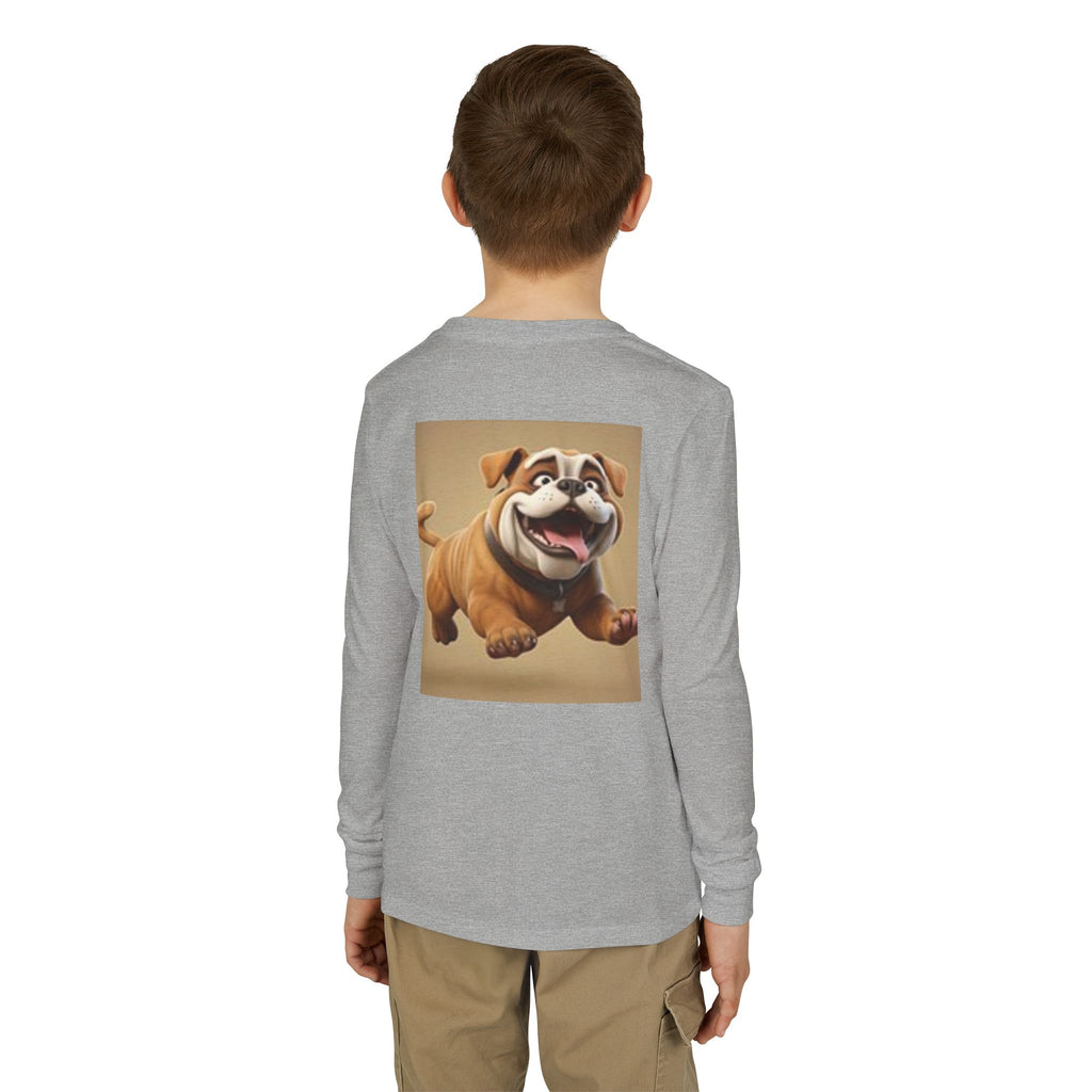 Youth Long Sleeve Tee — Playful Space Planets & Happy Bulldog Graphic