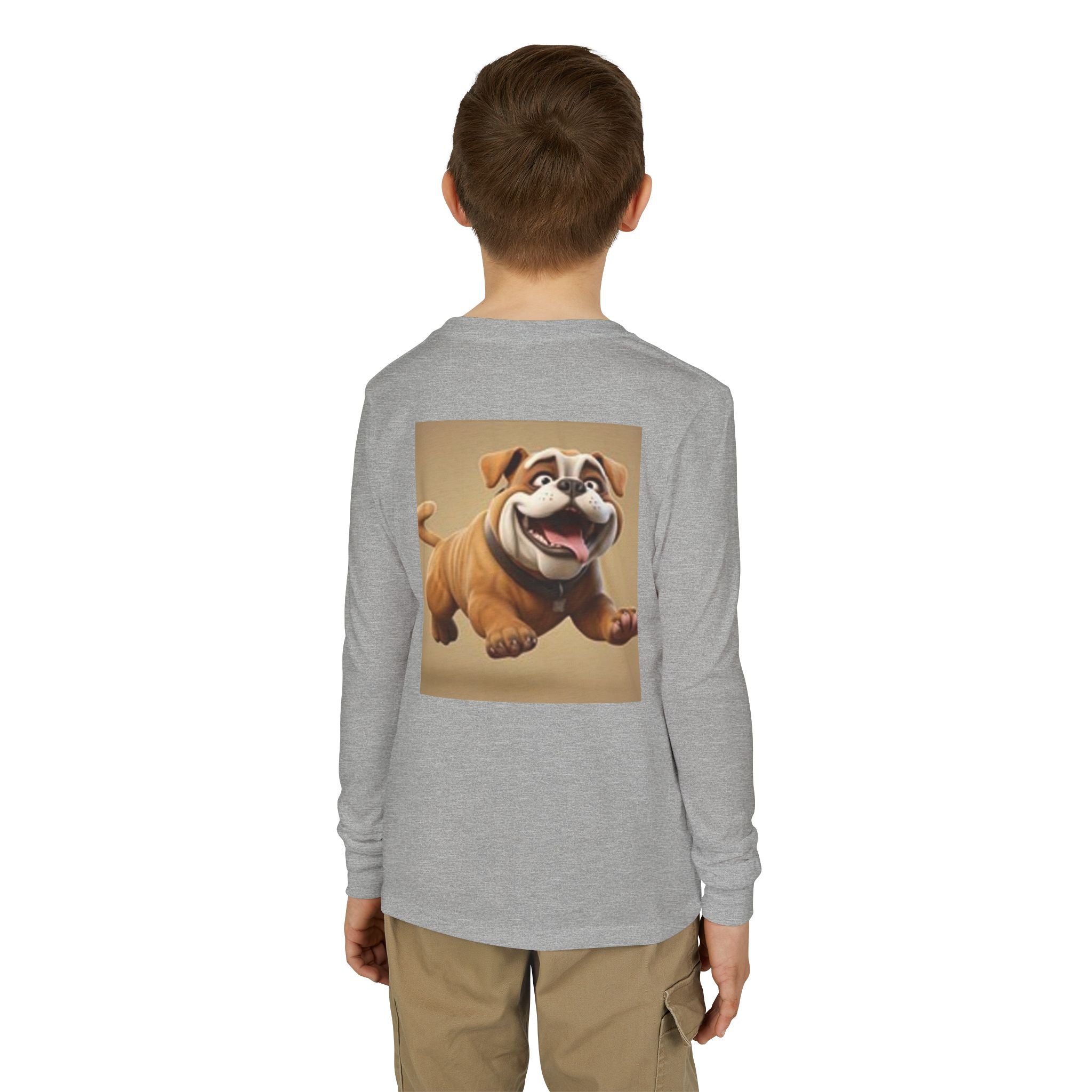 Youth Long Sleeve Tee — Playful Space Planets & Happy Bulldog Graphic