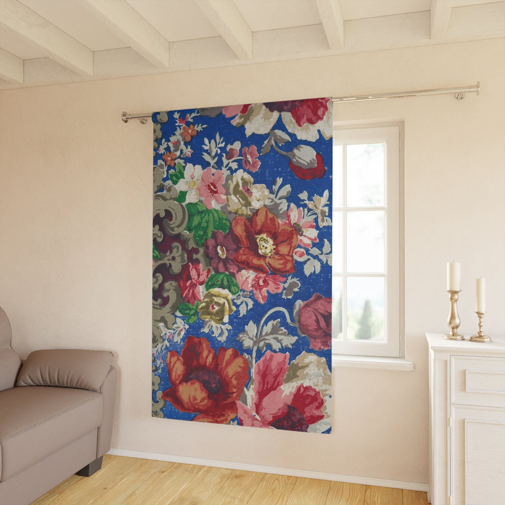 Floral Vintage Blue Curtain Panel — Bold Rose Print Window Drapery