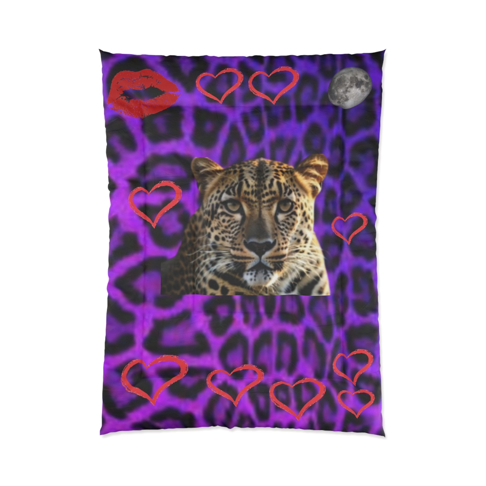 Leopard Heart Comforter - Purple Leopard Print with Big Cat Face & Hearts