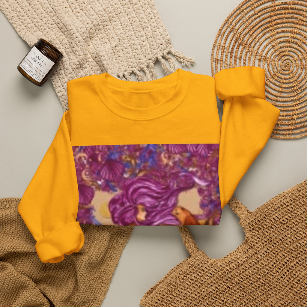 Mermaid & Fox Art Crewneck Sweatshirt — Whimsical Purple Mermaid Illustration
