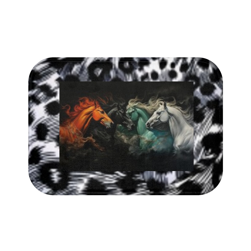 Mystic Horses Bath Mat — Colorful Galloping Stallions on Black Leopard Print