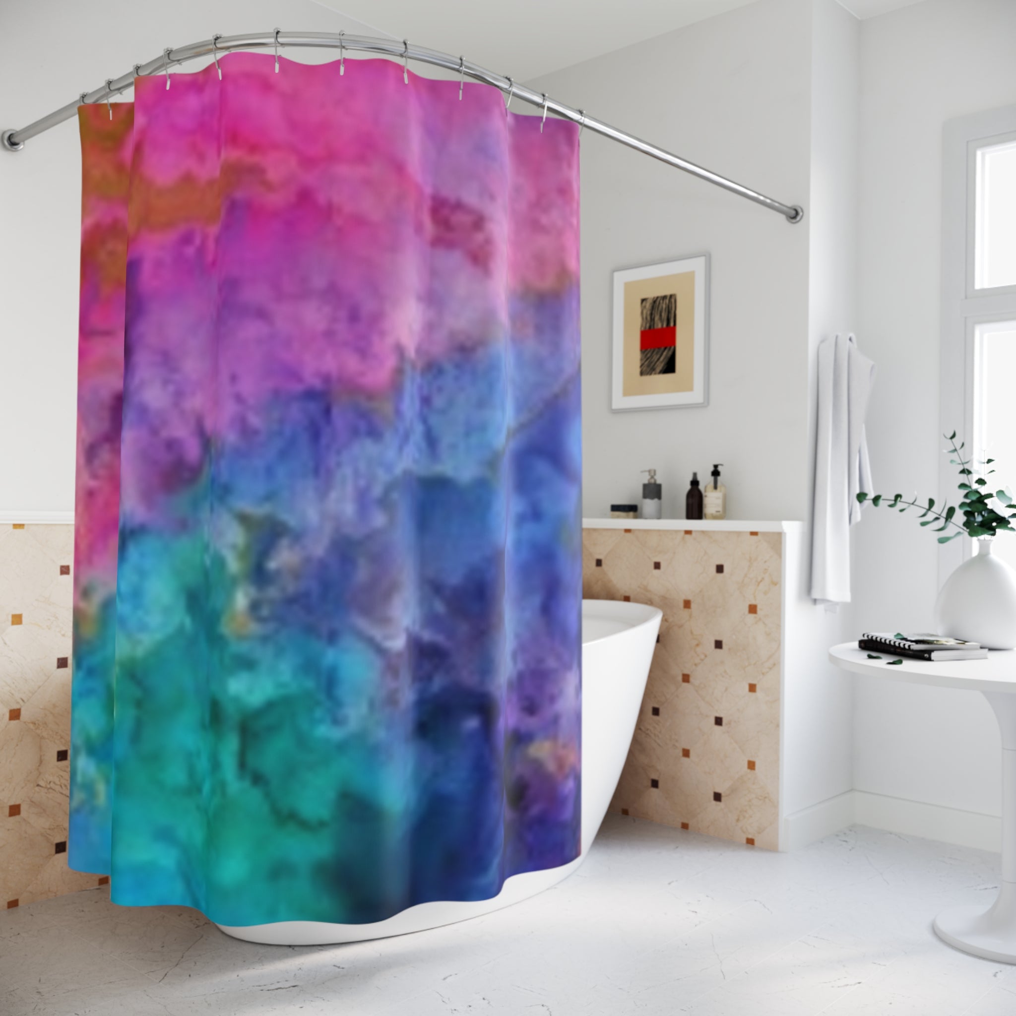 Abstract Watercolor Shower Curtain — Vibrant Pink Blue Ombre Bathroom Decor