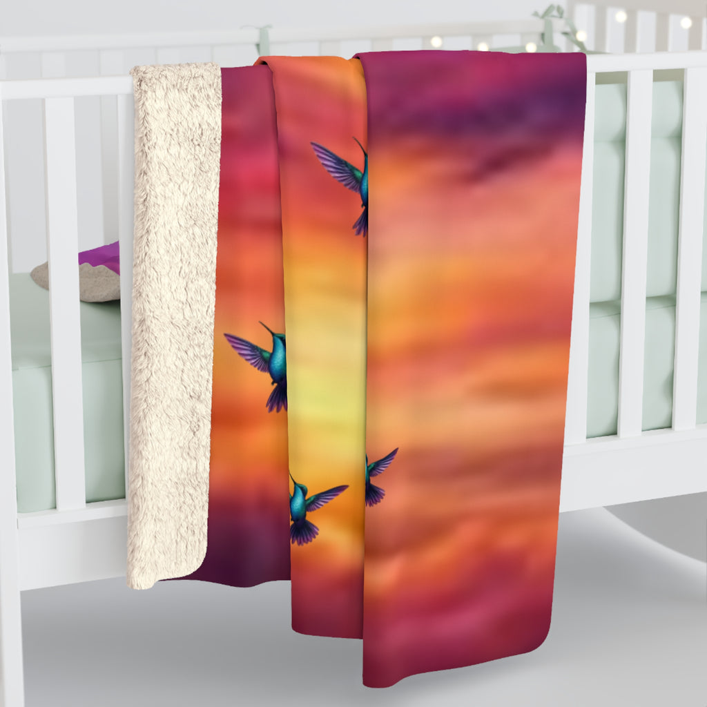 Hummingbirds Sunset Sky Sherpa Blanket - Cozy Plush Fleece Throw with Purple & Orange Cloud Design