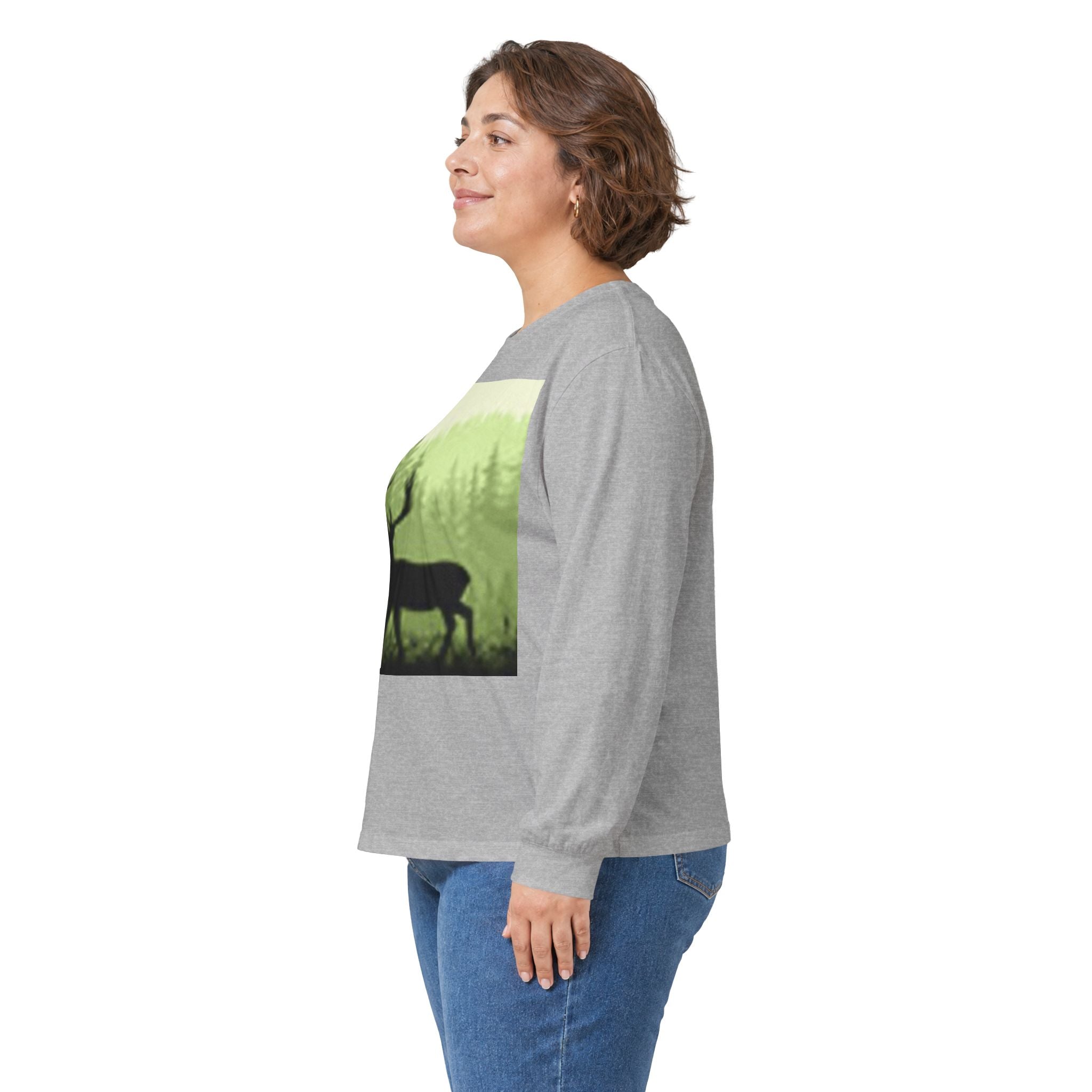 Forest Deer Sunset Long Sleeve Tee — Nature Silhouette Graphic Shirt