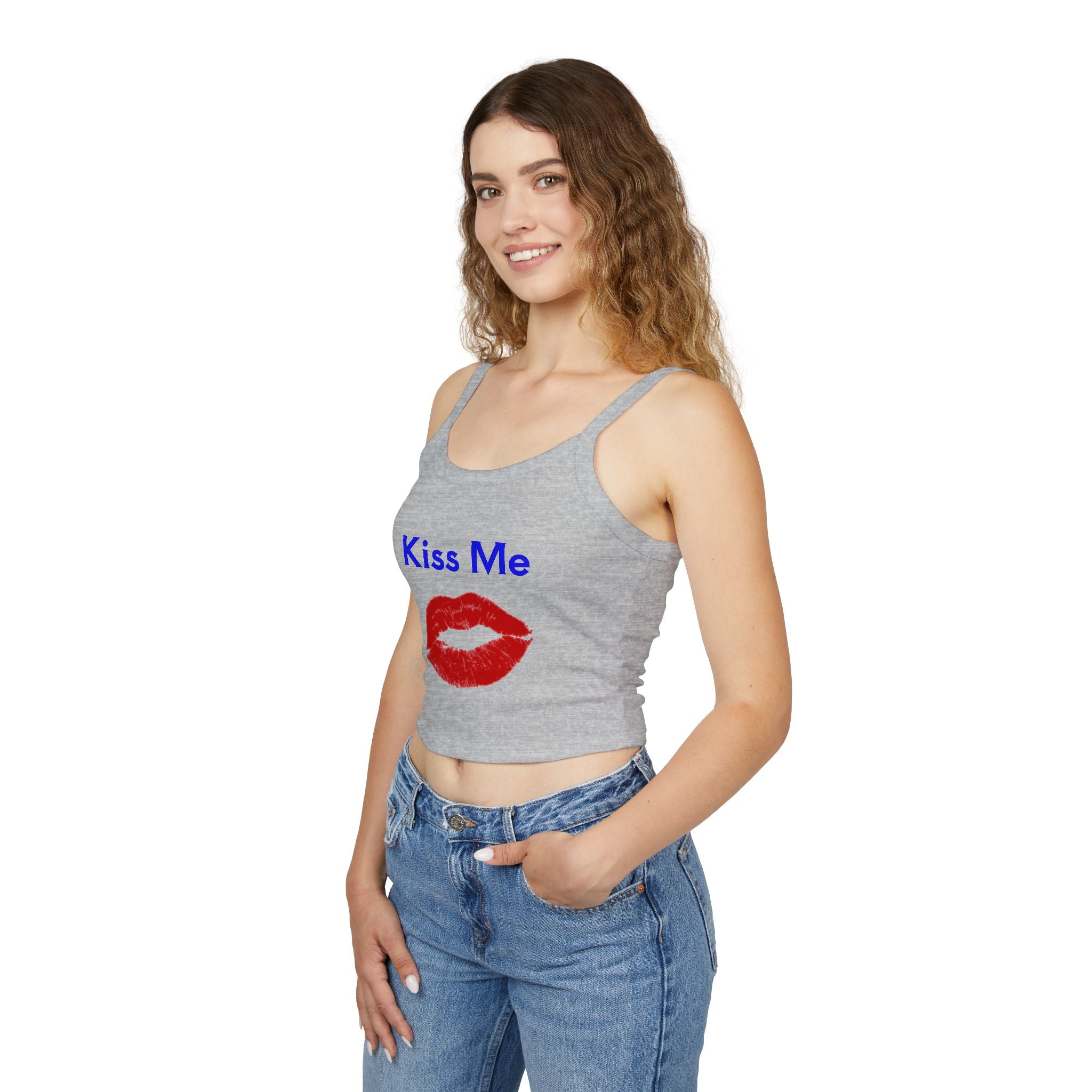 Kiss Me Lip Print Tank Top — Women's Spaghetti Strap Crop