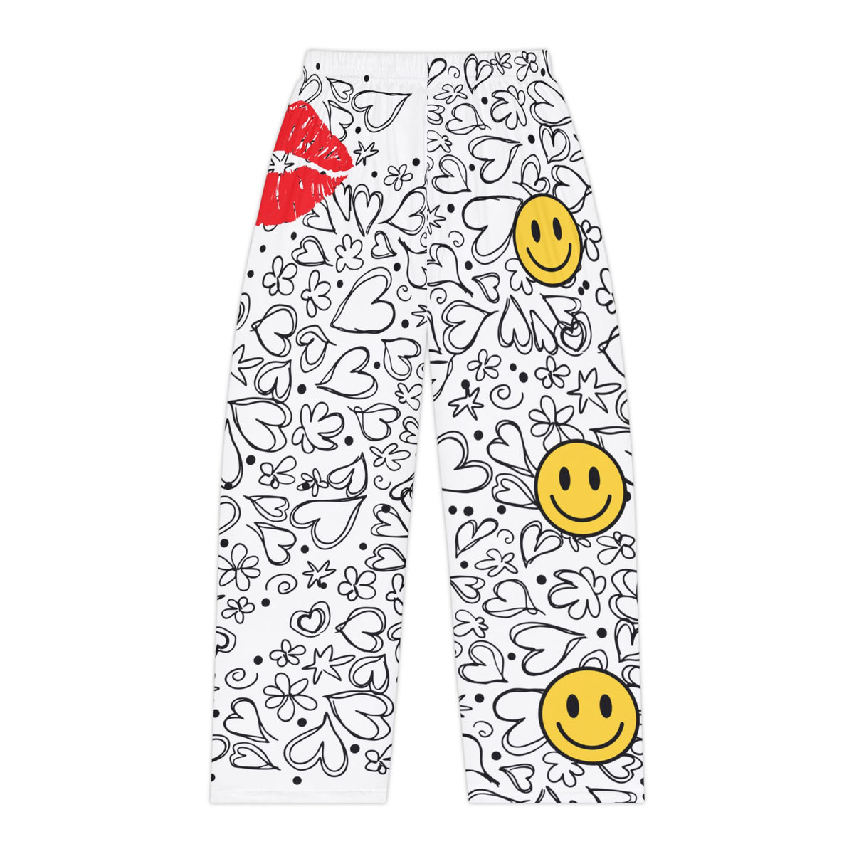 Haapy Face & Red Lips & Heart Doodle Pajama Pants — Women's Cozy Printed Sleep Lounge Pants