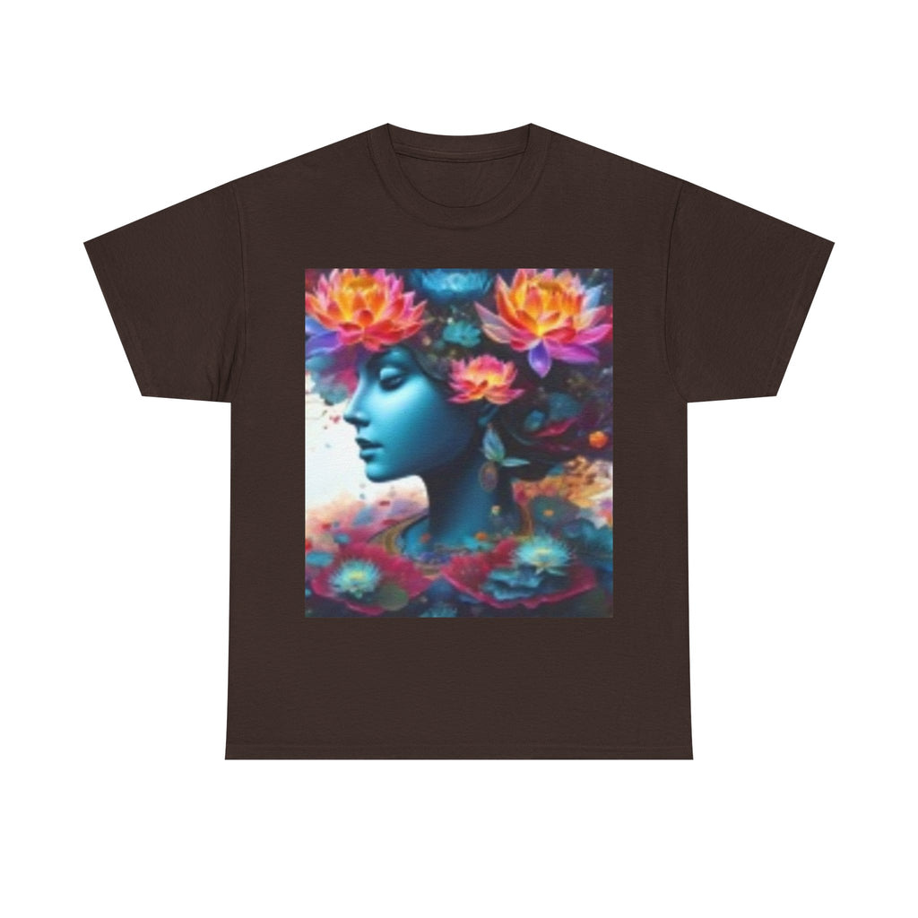 Floral Dreamscape Tee — Surreal Blue Portrait with Vibrant Flowers