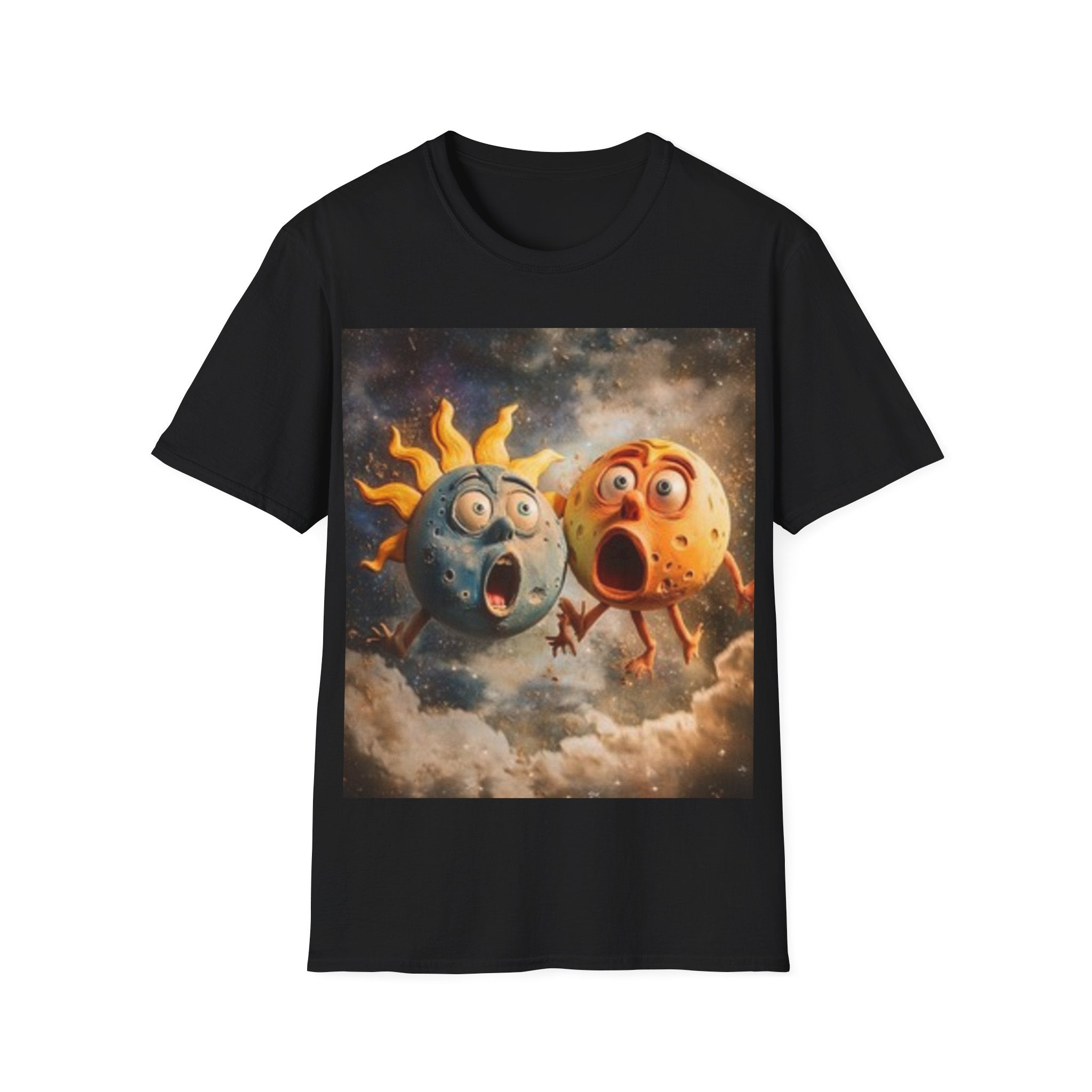 T-shirt Soleil & Lune surpris — Adorable t-shirt cosmique duo solaire de dessins animés