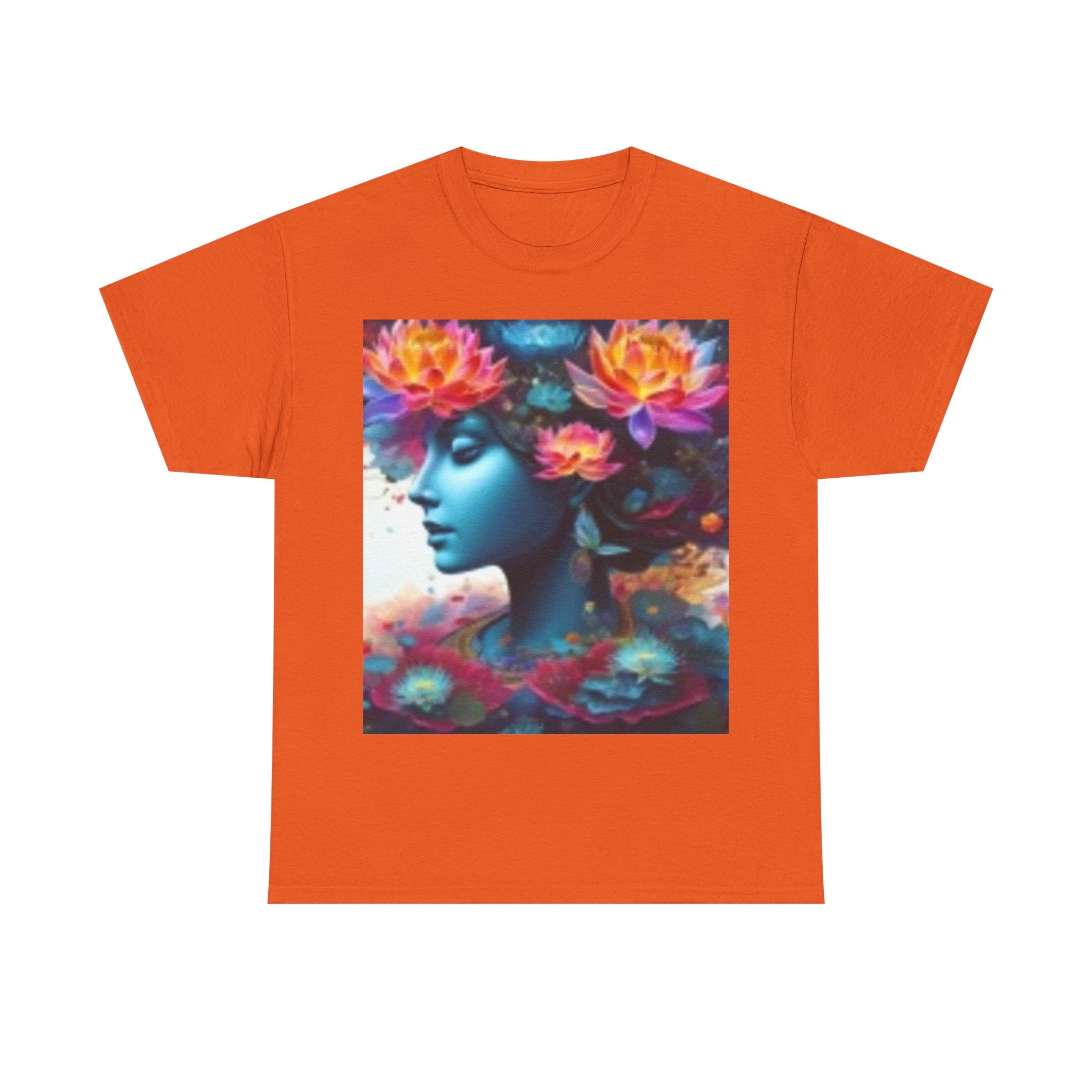Floral Dreamscape Tee — Surreal Blue Portrait with Vibrant Flowers