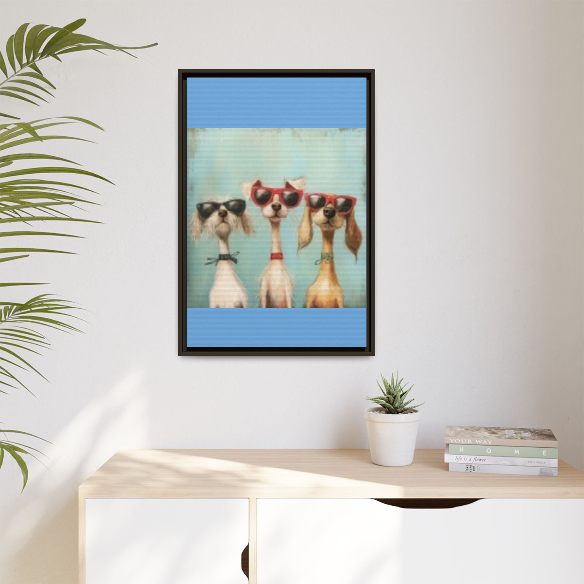 Framed Matte Canvas — Three Cool Dogs in Sunglasses Wall Art