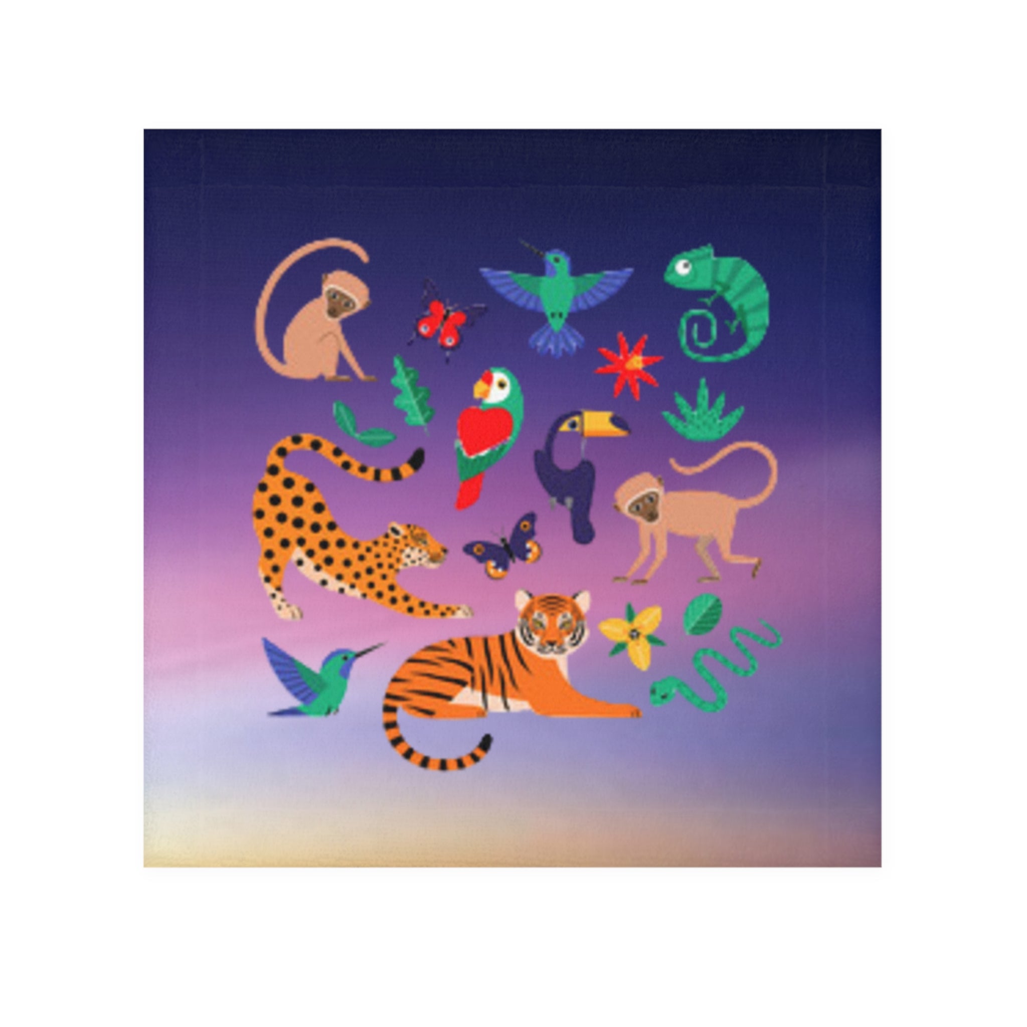 Tropical Jungle Animals Face Towel — Colorful Parrot, Tiger & Monkey Print