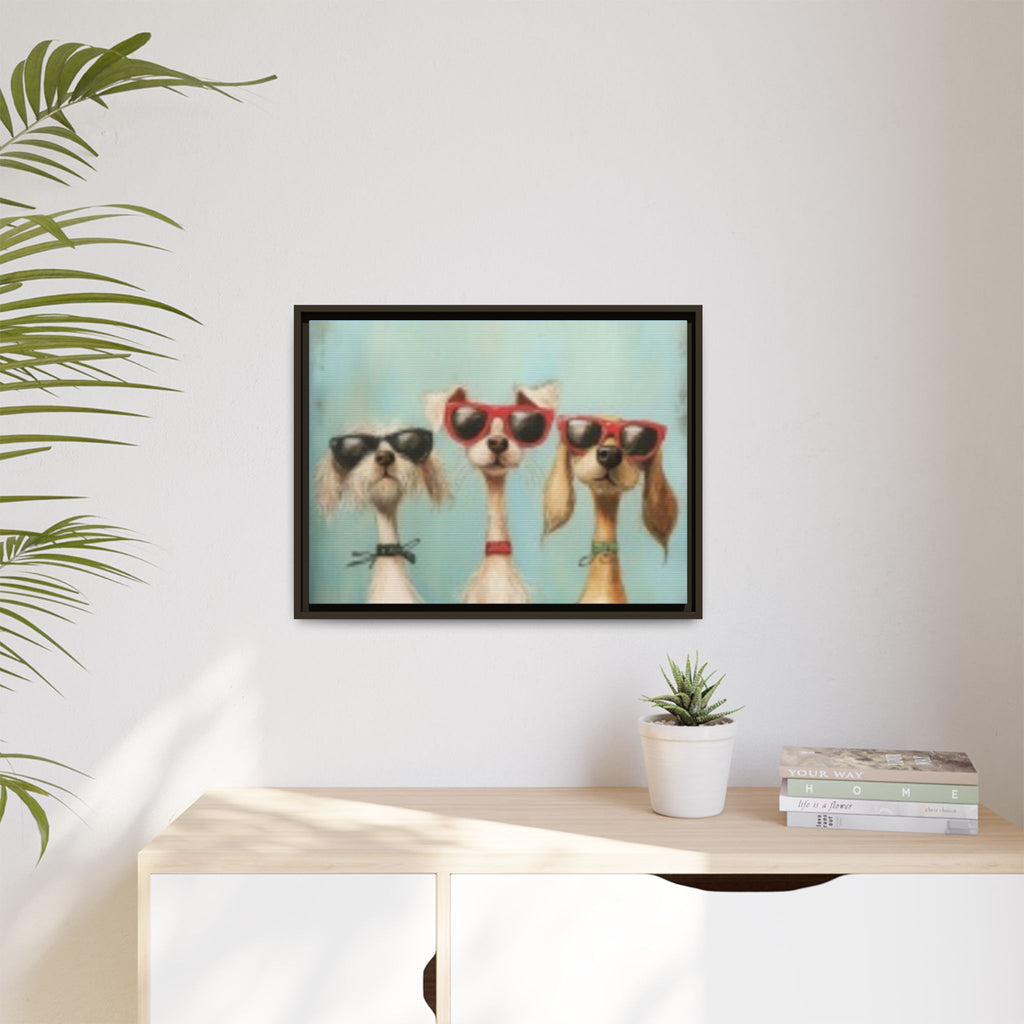 Framed Matte Canvas — Three Cool Dogs in Sunglasses Wall Art