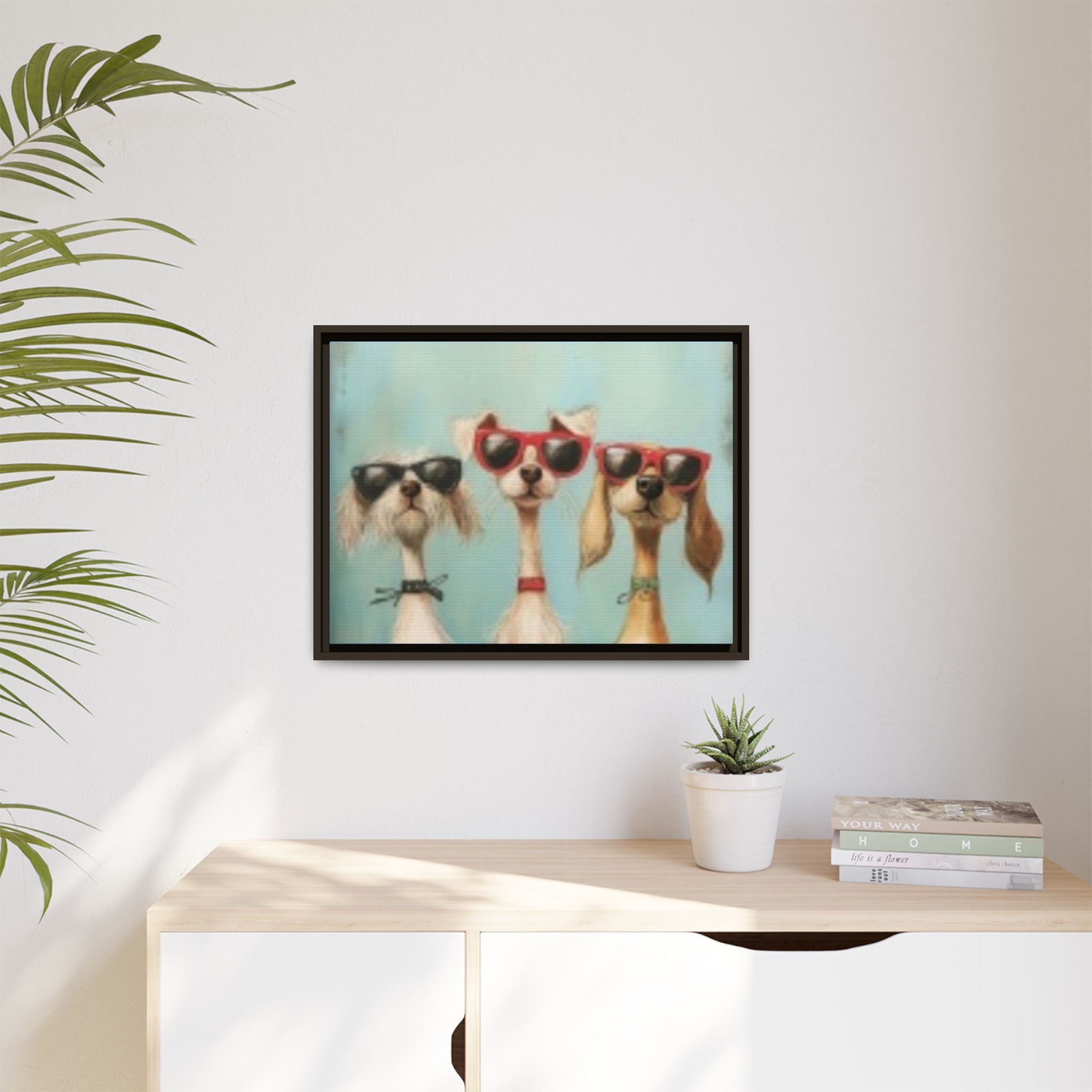 Framed Matte Canvas — Three Cool Dogs in Sunglasses Wall Art