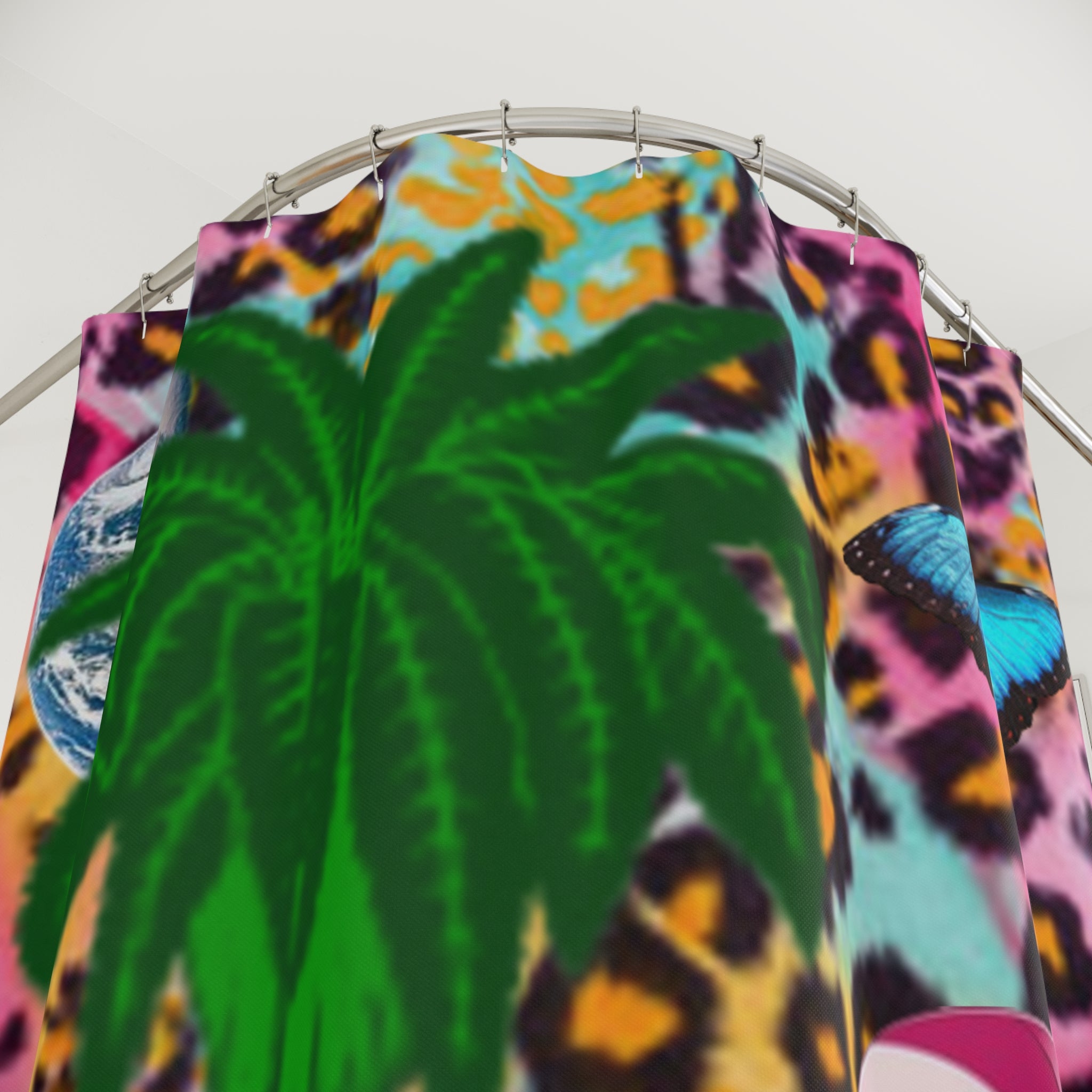 Cheshire Cat Leopard Print Earth  Palm Tree Shower Curtain — Neon Rainbow Animal Bathroom Decor