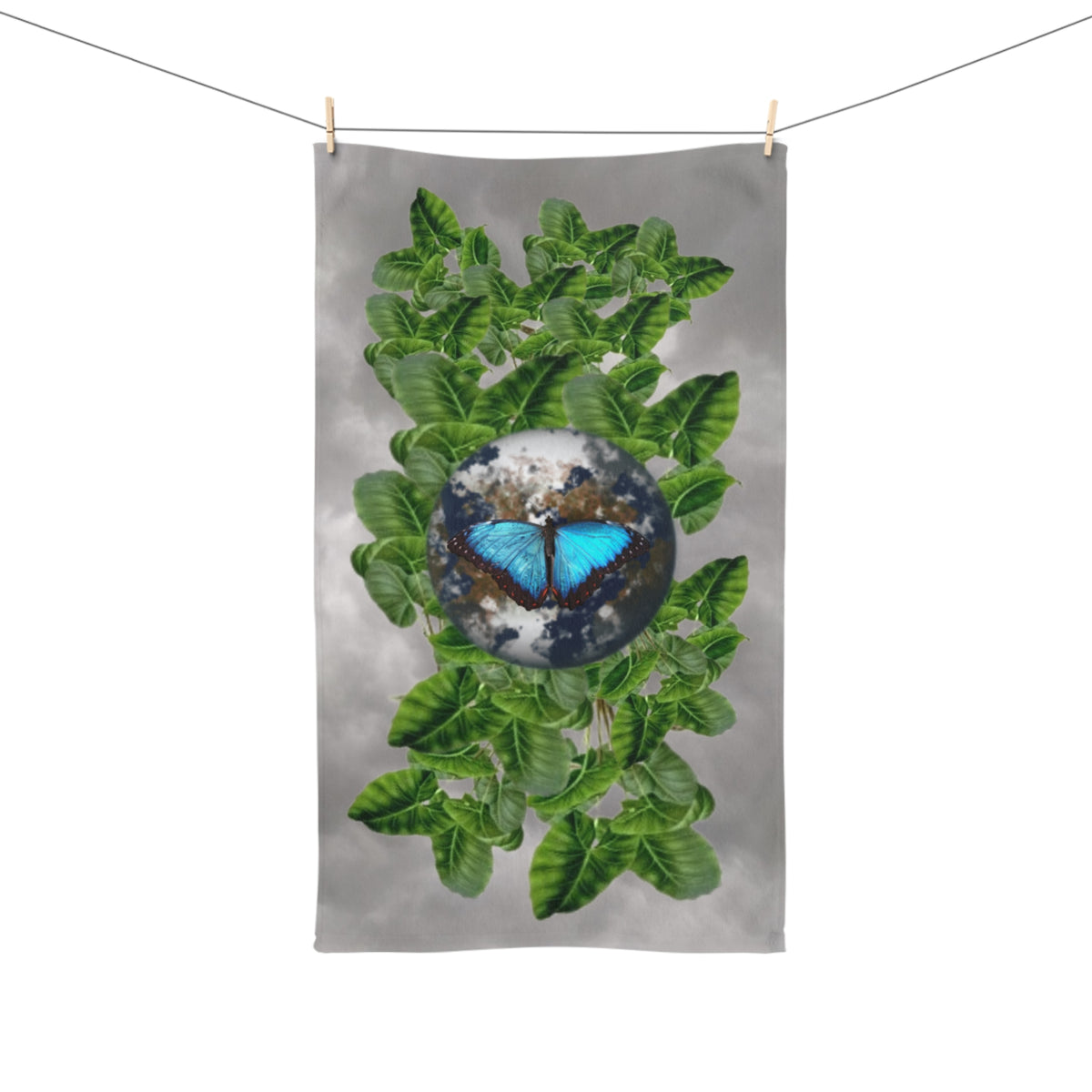 Earth Blue Butterfly & Earth Facts and Green Leaves Hand Towel