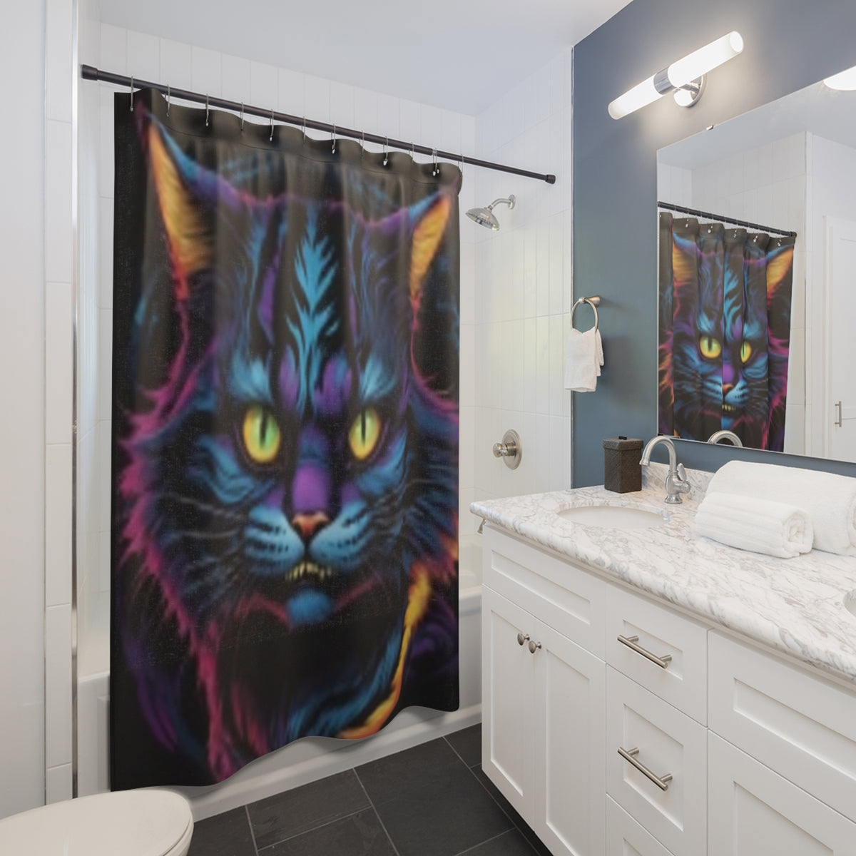 Neon Mystic Cat Shower Curtain — Vibrant Psychedelic Feline Bath Decor