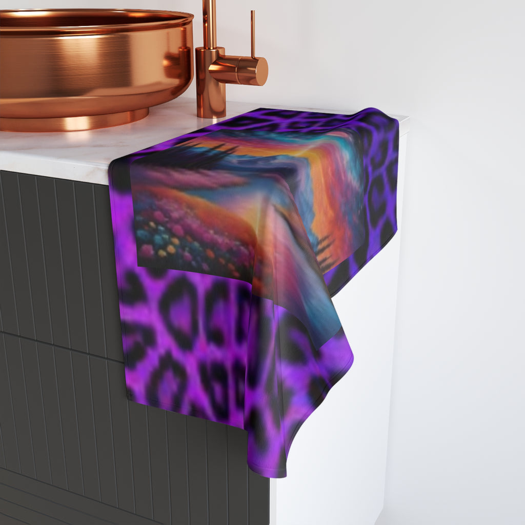 Purple Leopard & Sunset Hand Towel with Vibrant Mountain Sunset Artwork