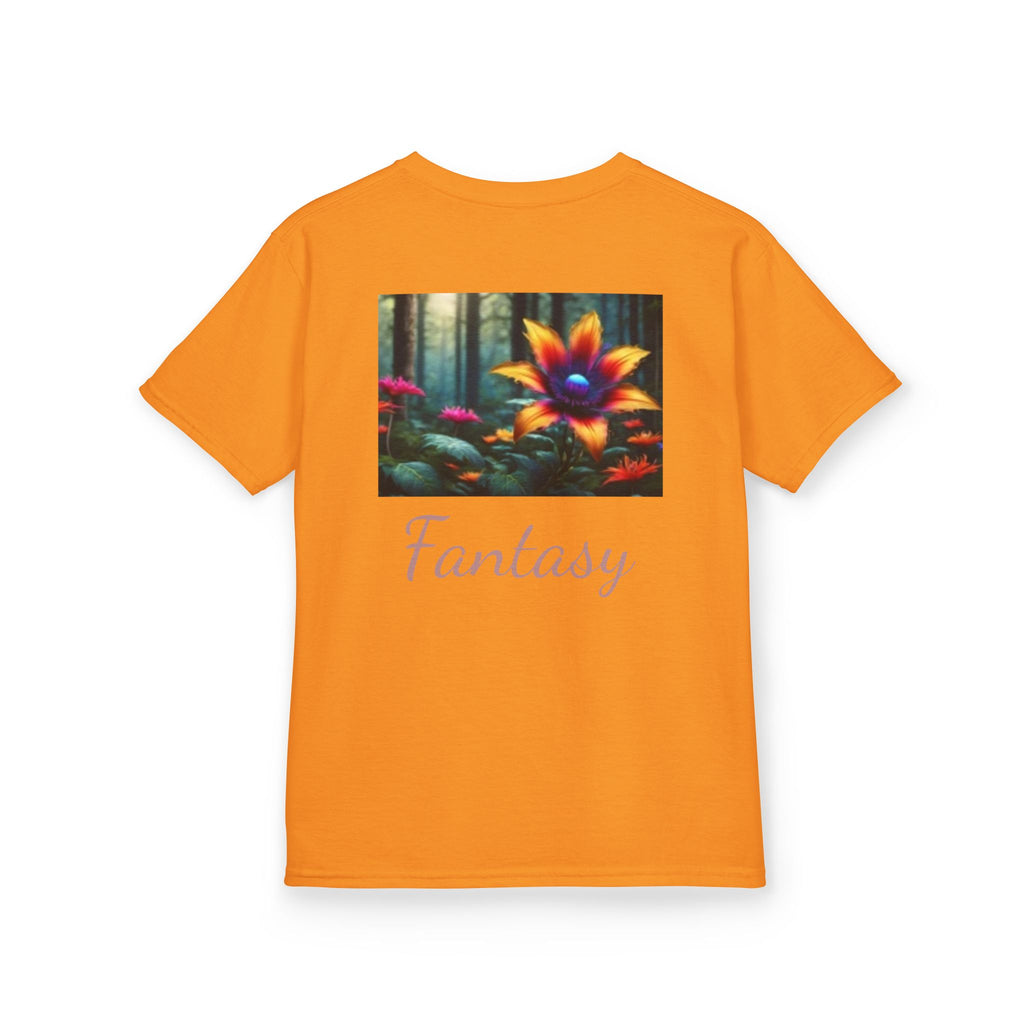 Kids Penguin & Fantasy Flower Fantasy T-shirt— Playful Animal & Colorful Floral Kids Shirt