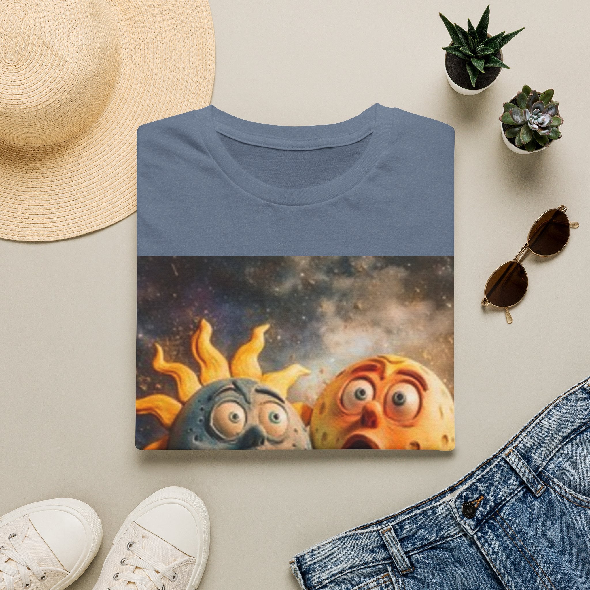 T-shirt Soleil & Lune surpris — Adorable t-shirt cosmique duo solaire de dessins animés