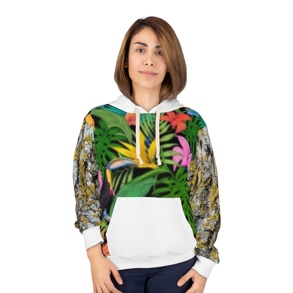 Tropical Floral & Moss Bark Hoodie — Vibrant Jungle Print Pullover