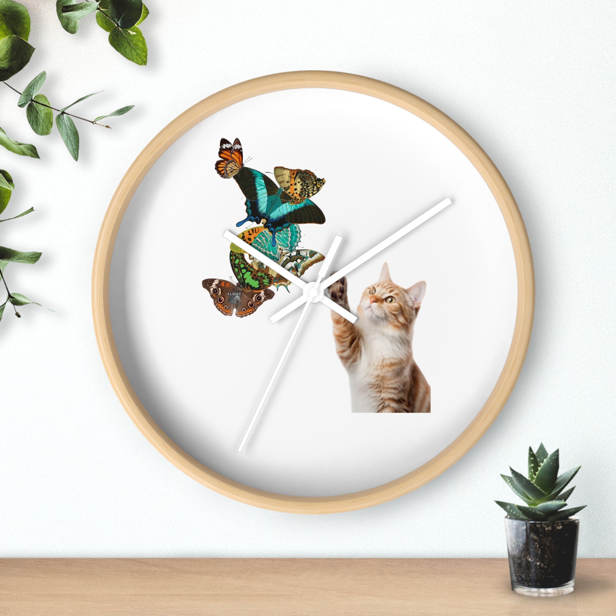 Cat & Butterflies Wall Clock — Cute Cat Reaching for Butterflies Decorative Wall Clock