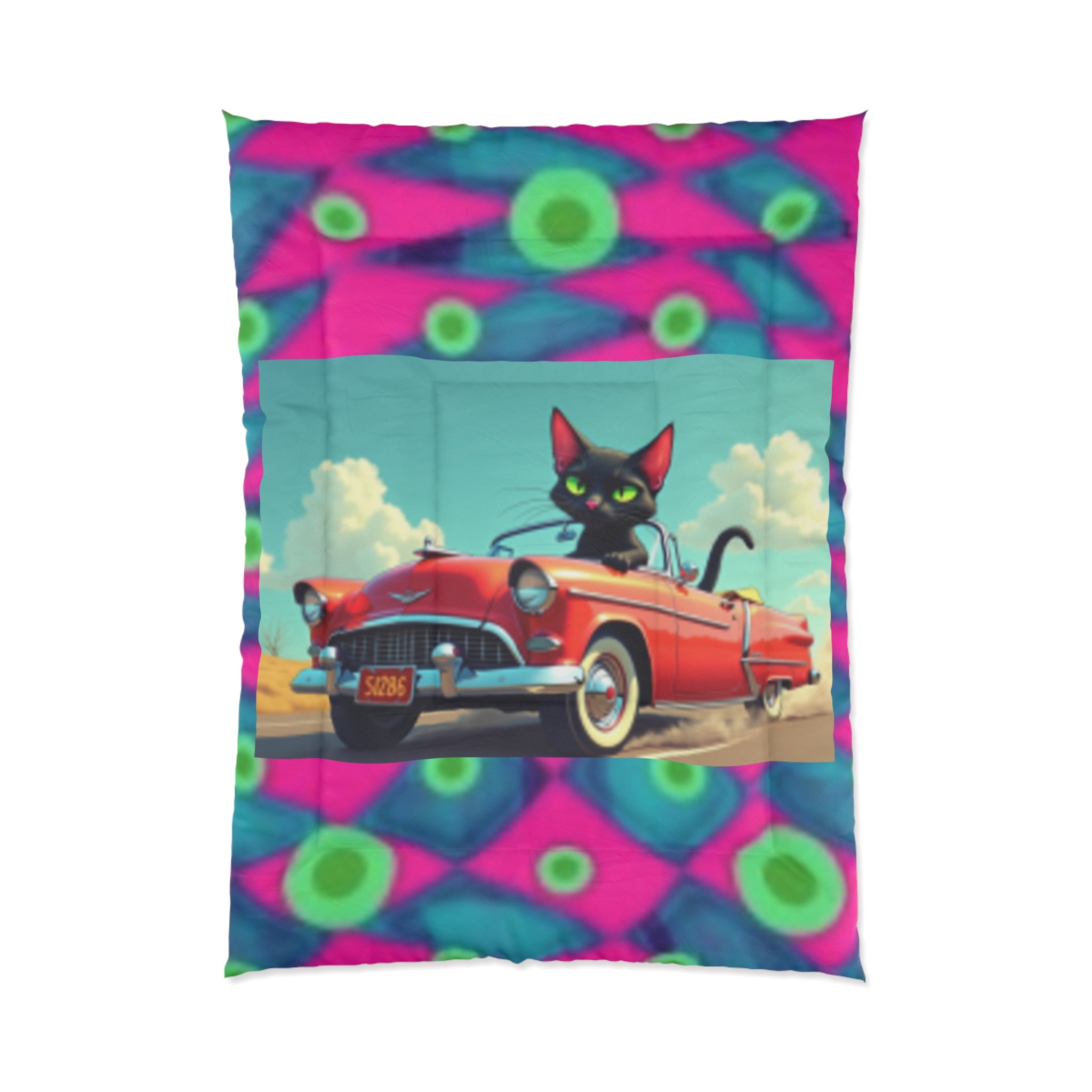 Retro Cat Driving Comforter - Vintage Convertible Black Cat Bedding
