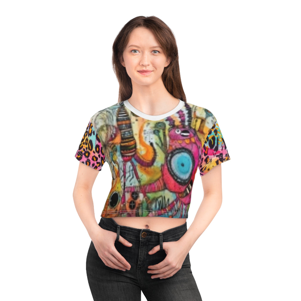 Colorful Boho Crop Tee — Vibrant Abstract Animal & Leopard Print AOP