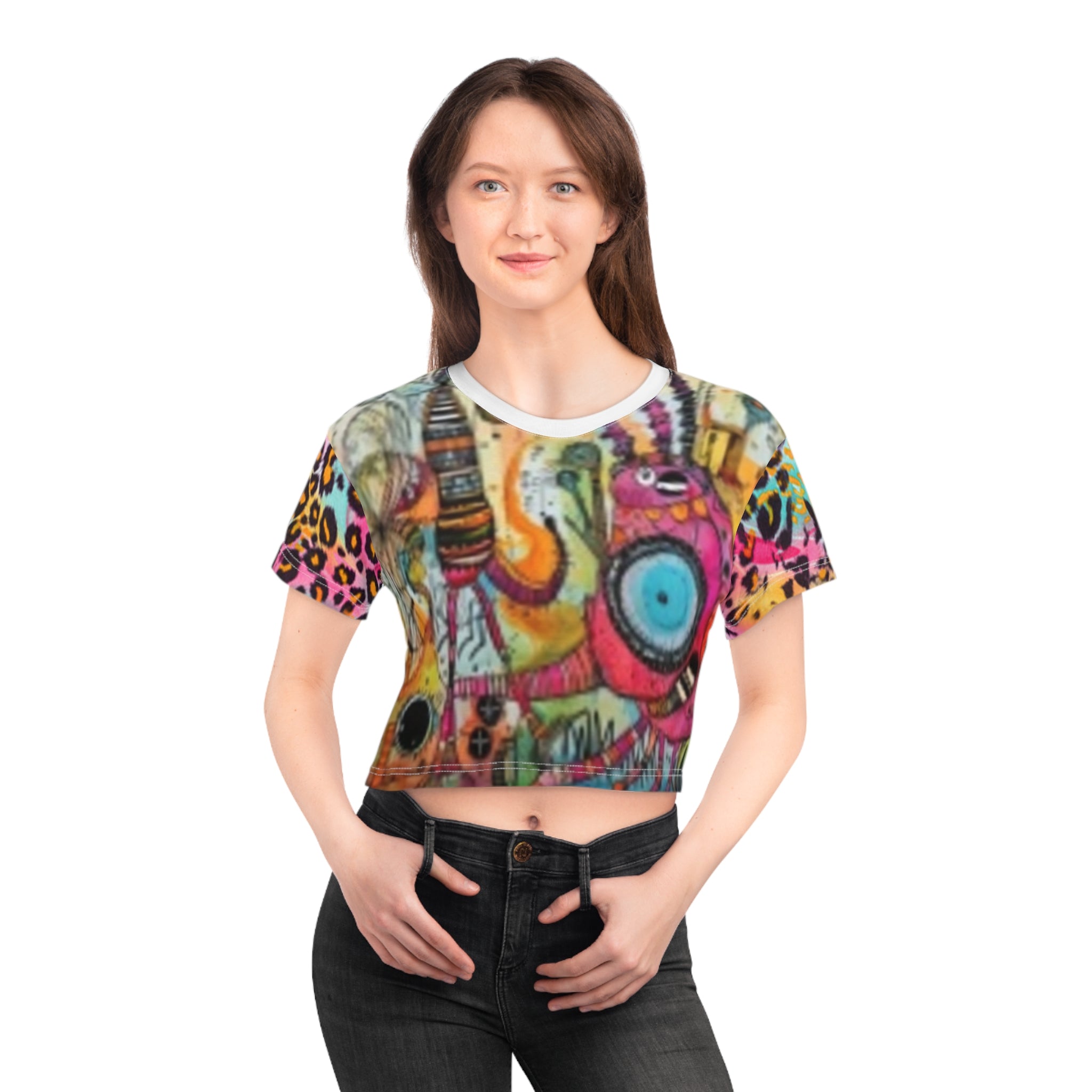 Colorful Boho Crop Tee — Vibrant Abstract Animal & Leopard Print AOP