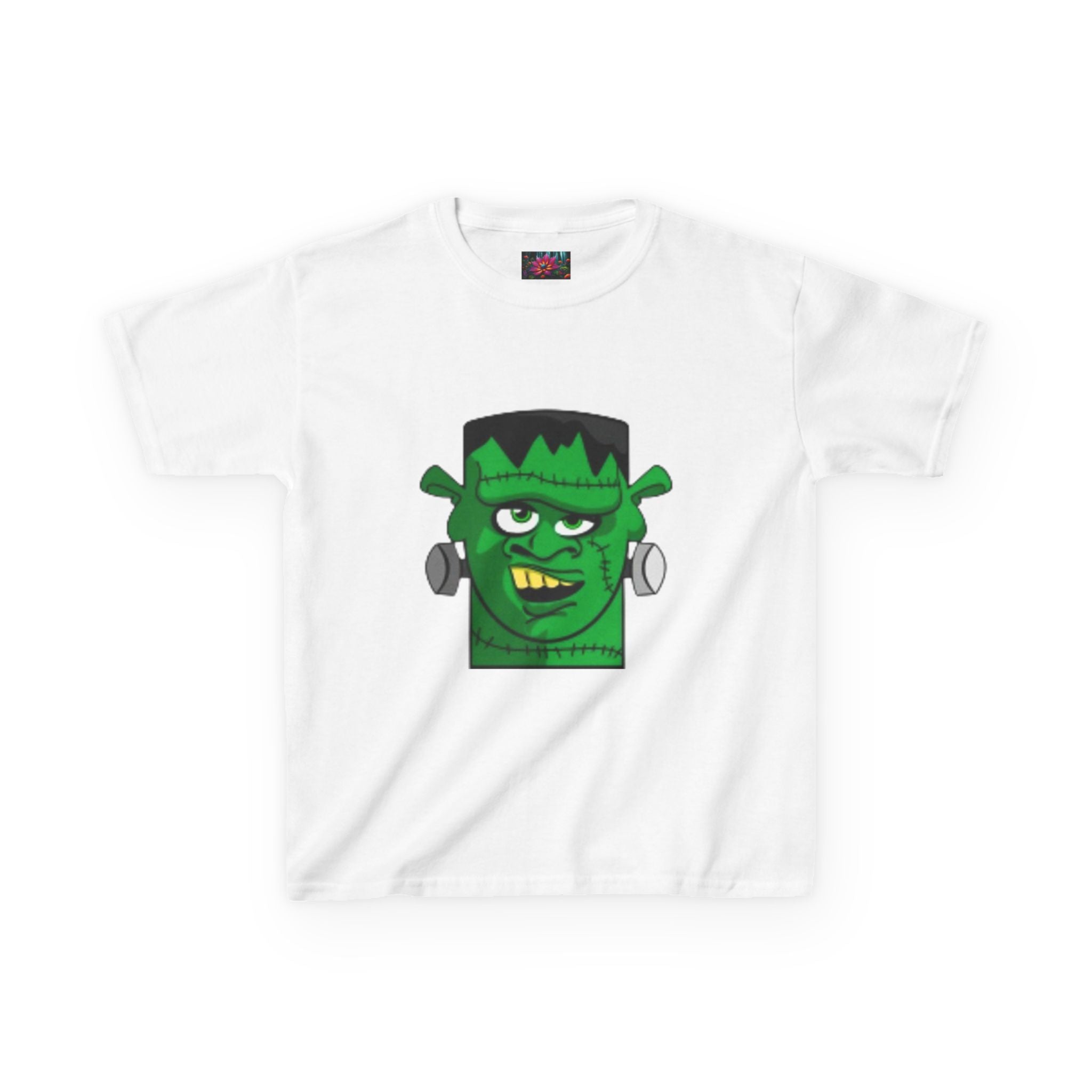 Kids T-shirt— Cute Frankenstein Face Front & Enchanted Forest Back