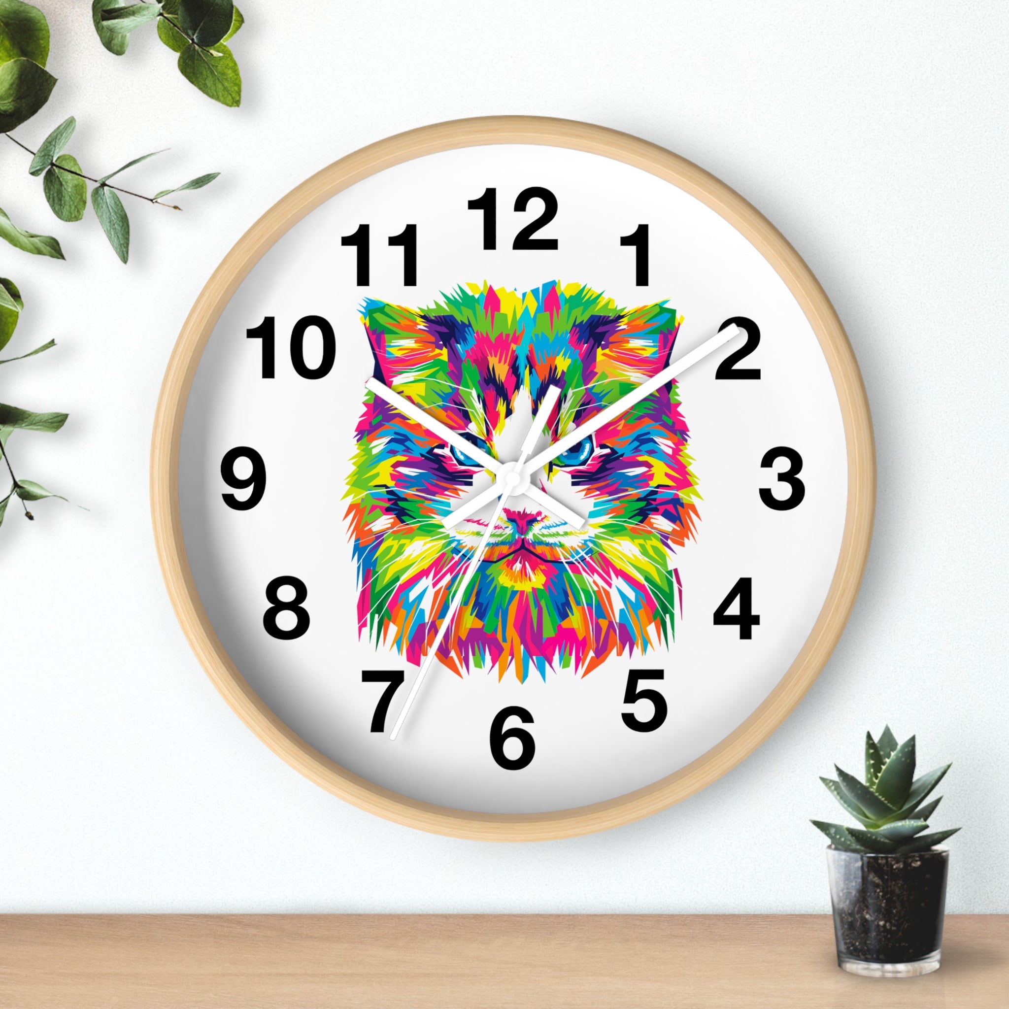 Colorful Cat Wall Clock — Vibrant Pop-Art Cat Face Timepiece