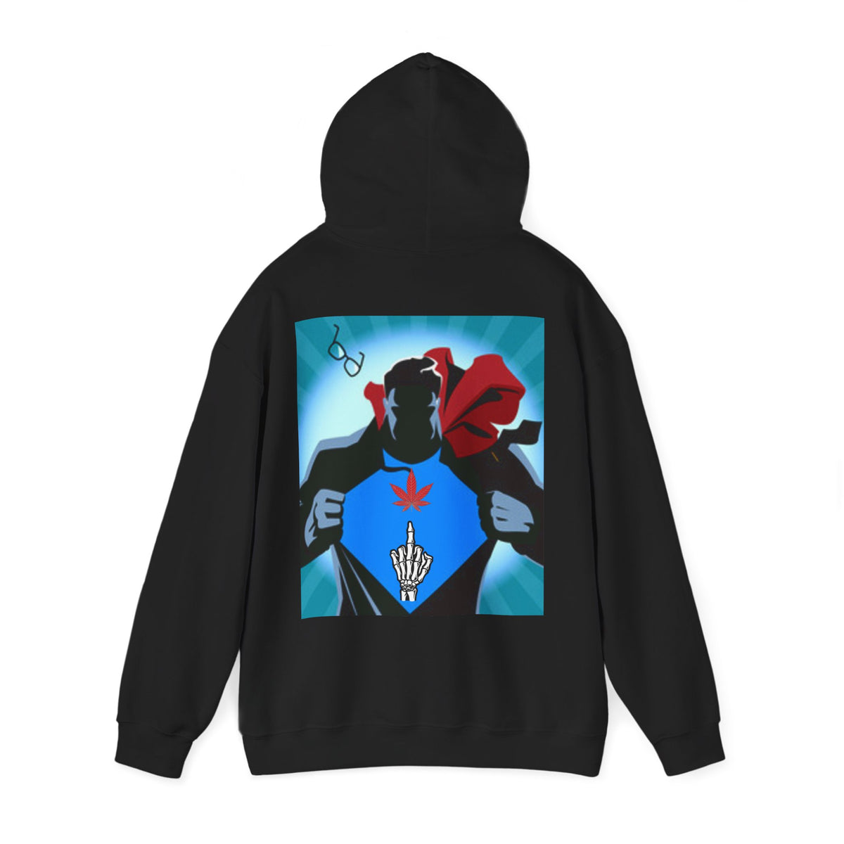 Cannabis Shooting Finger Superhero Hoodie - Marijuana Leaf Emblem Graphic Sweatshirt